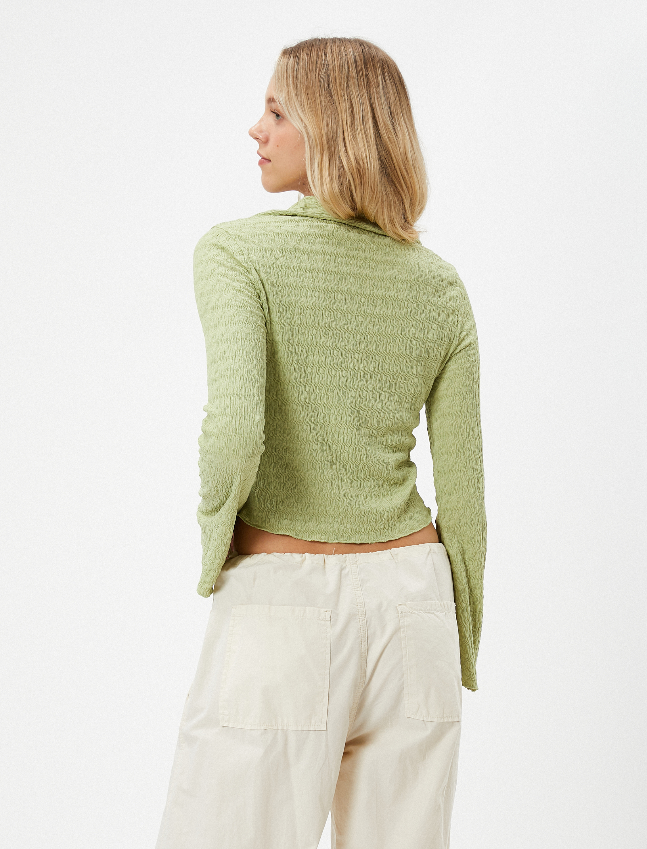   Uzun Kollu Tişört Gömlek Yaka Düğmeli Bürümcük