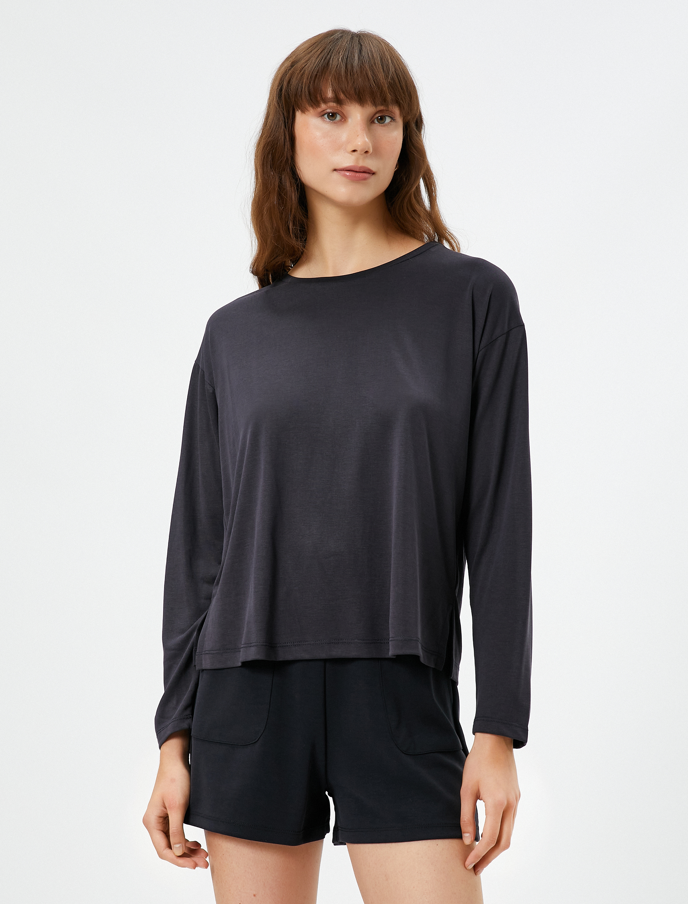   Pijama Üstü Bisiklet Yaka Uzun Kollu Modal Karışımlı