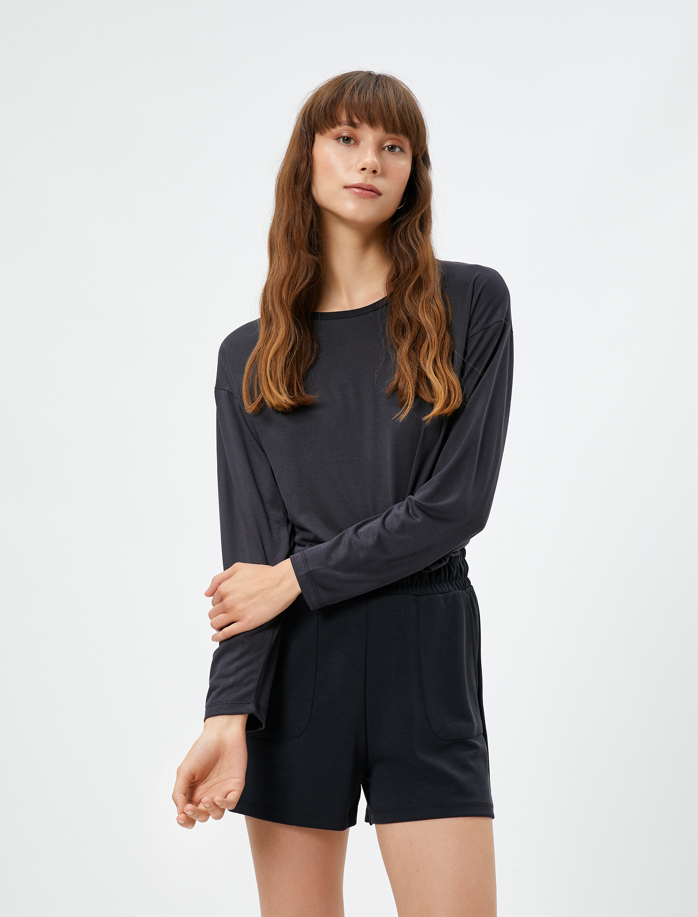   Pijama Üstü Bisiklet Yaka Uzun Kollu Modal Karışımlı