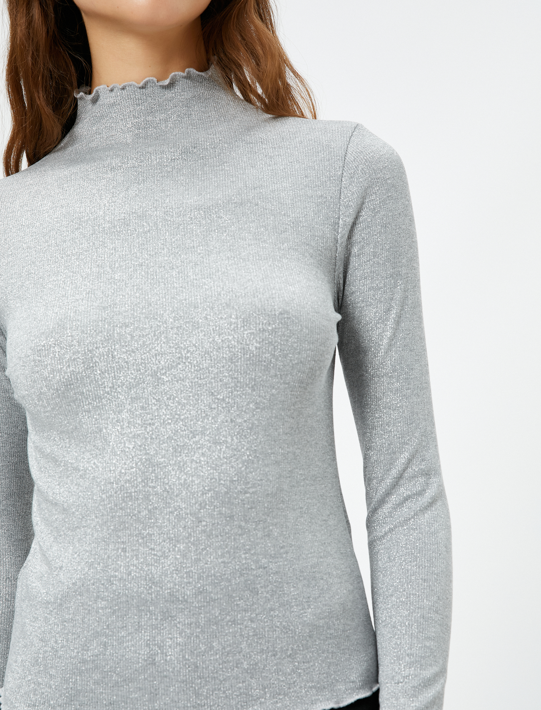   Uzun Kollu Tişört Simli Dik Yaka Fırfırlı