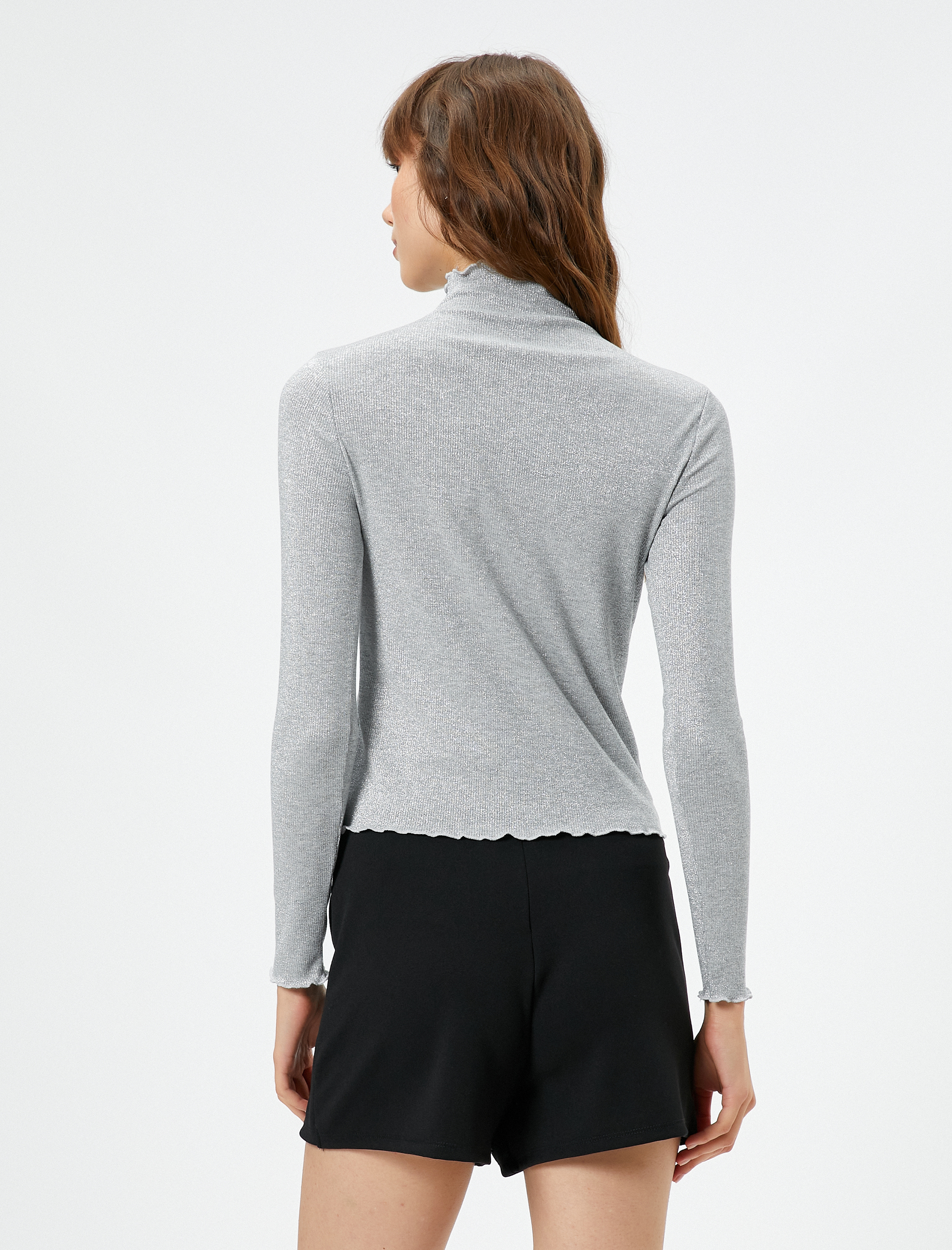   Uzun Kollu Tişört Simli Dik Yaka Fırfırlı