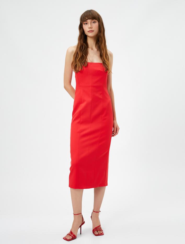  Straplez Abiye Elbise Midi Boy Yırtmaç Detaylı