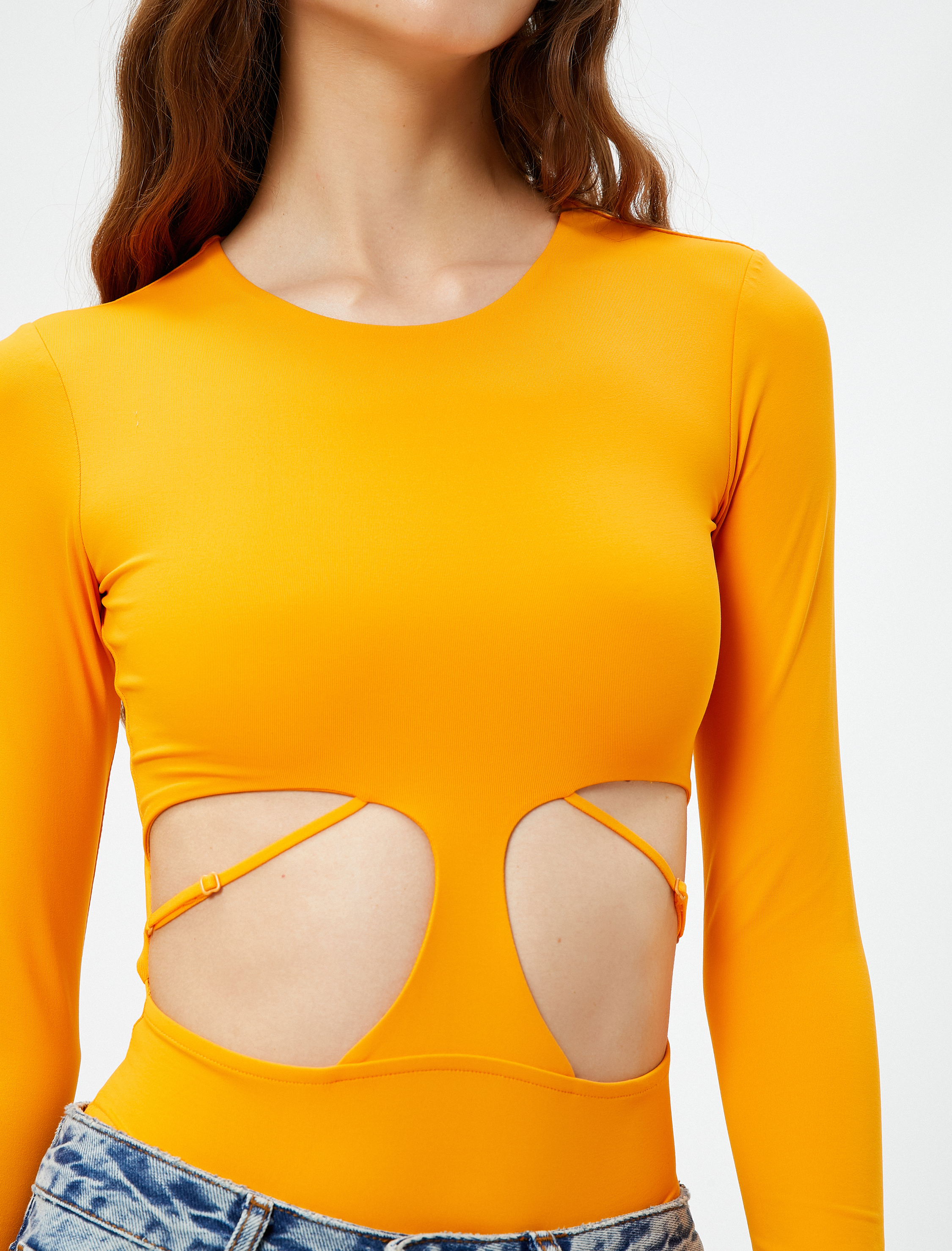 Bodysuit Pencere Detaylı Bisiklet Yaka Uzun Kollu