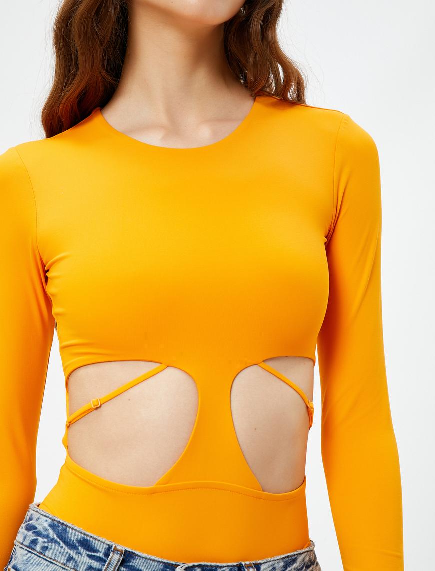   Bodysuit Pencere Detaylı Bisiklet Yaka Uzun Kollu