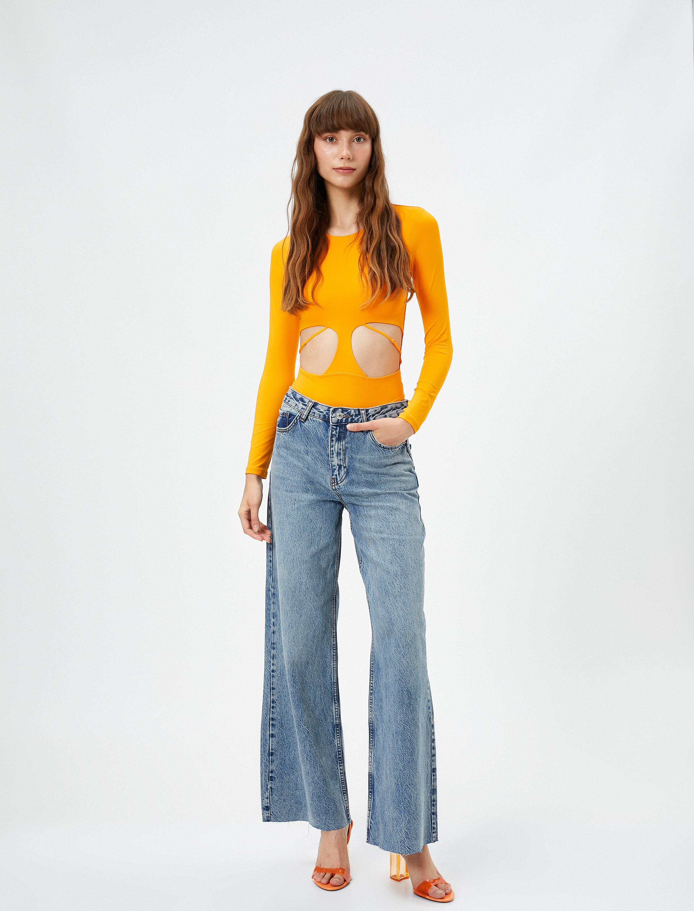 Bodysuit Pencere Detaylı Bisiklet Yaka Uzun Kollu