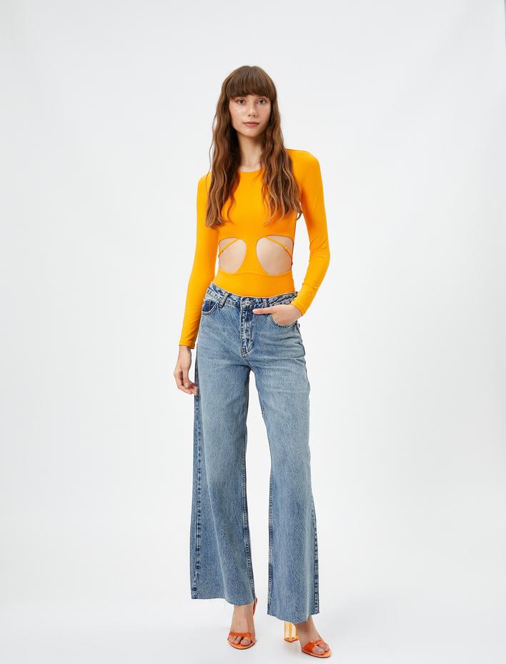  Bodysuit Pencere Detaylı Bisiklet Yaka Uzun Kollu