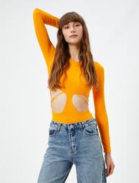 Bodysuit Pencere Detaylı Bisiklet Yaka Uzun Kollu