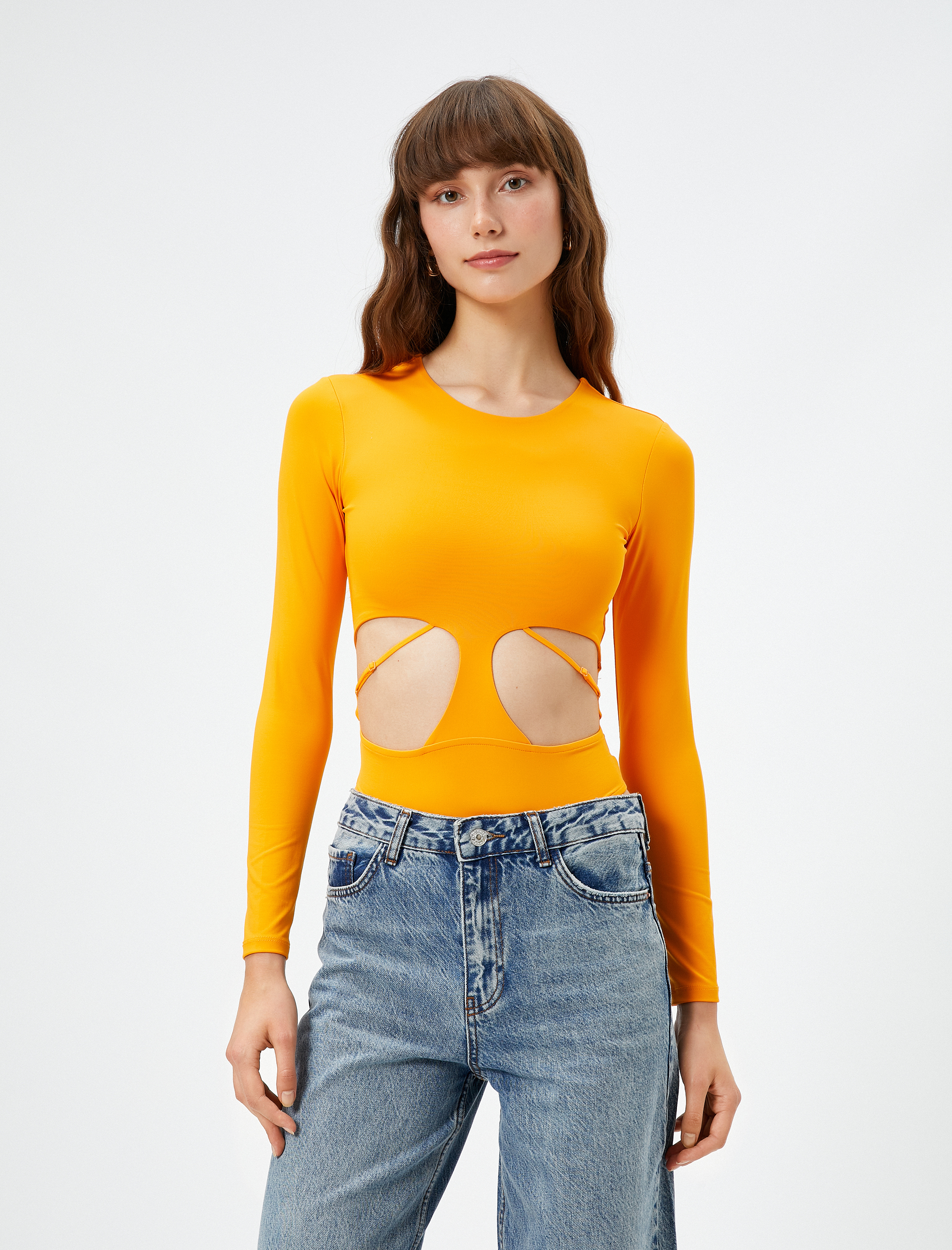 Bodysuit Pencere Detaylı Bisiklet Yaka Uzun Kollu