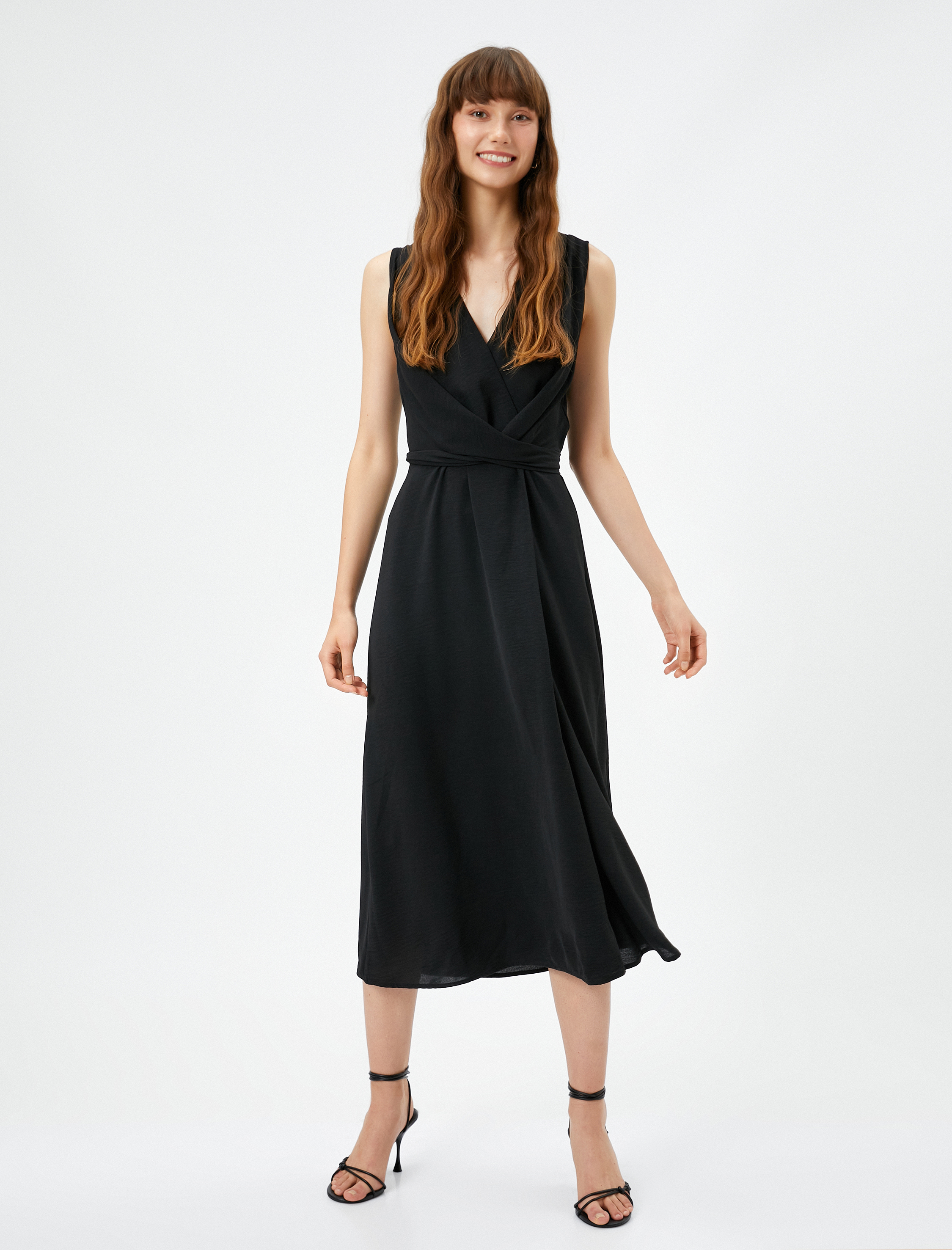   Midi Elbise V Yaka Drapeli Kalın Askılı