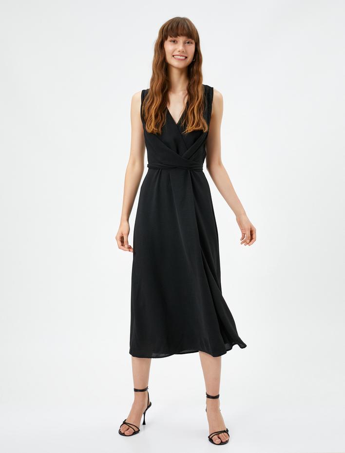  Midi Elbise V Yaka Drapeli Kalın Askılı