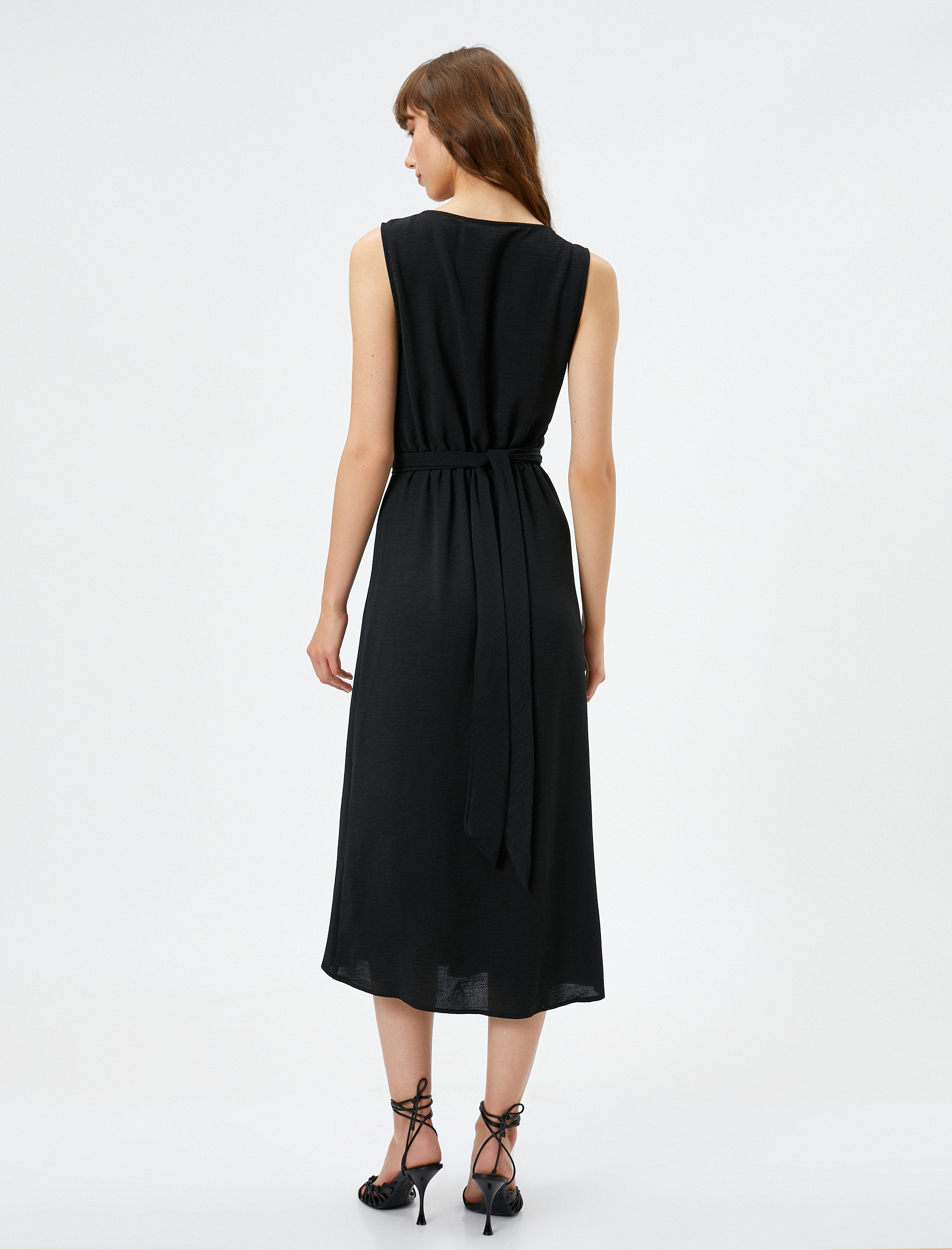   Midi Elbise V Yaka Drapeli Kalın Askılı