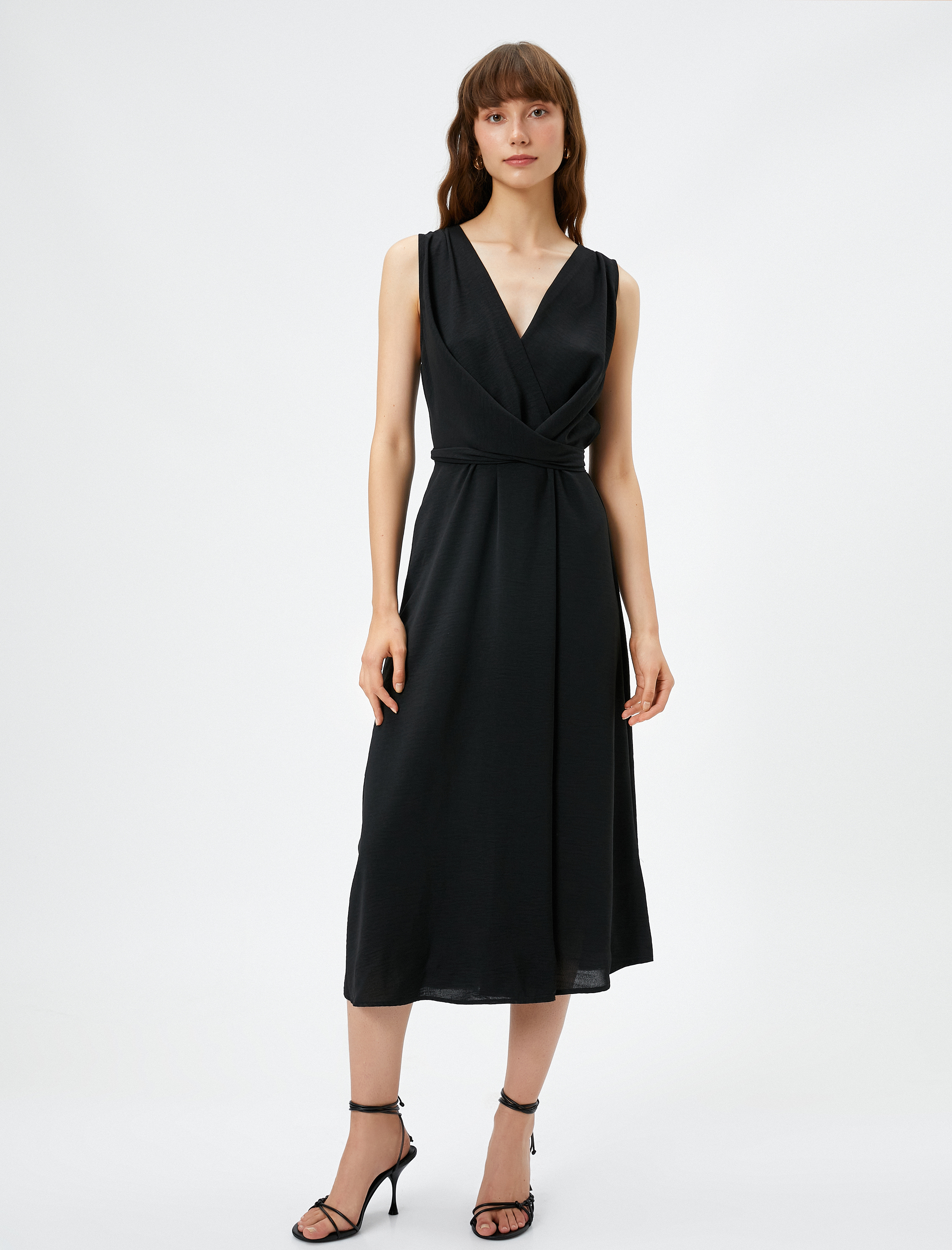   Midi Elbise V Yaka Drapeli Kalın Askılı