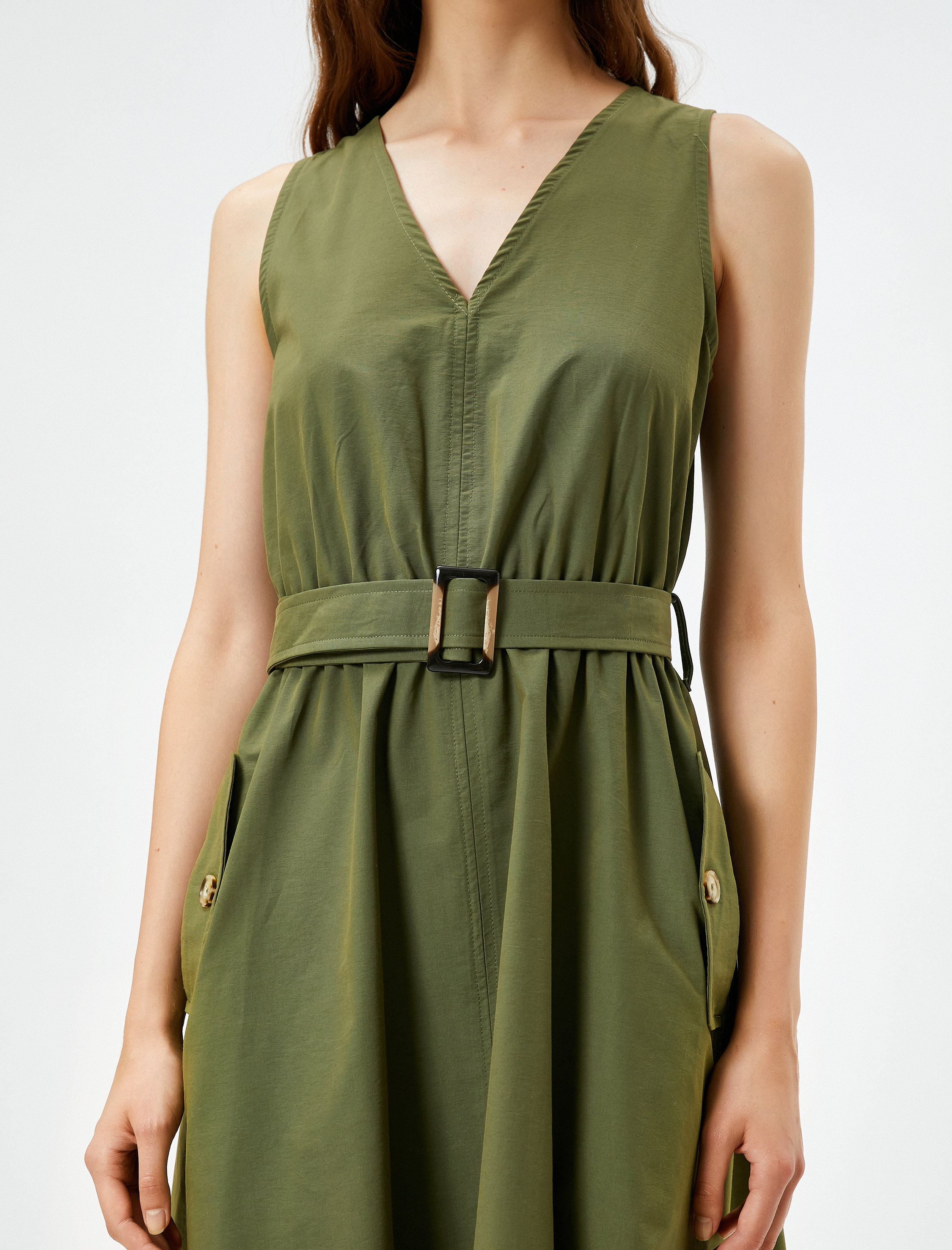   Midi Elbise V Yaka Kemerli Cepli Kalın Askılı