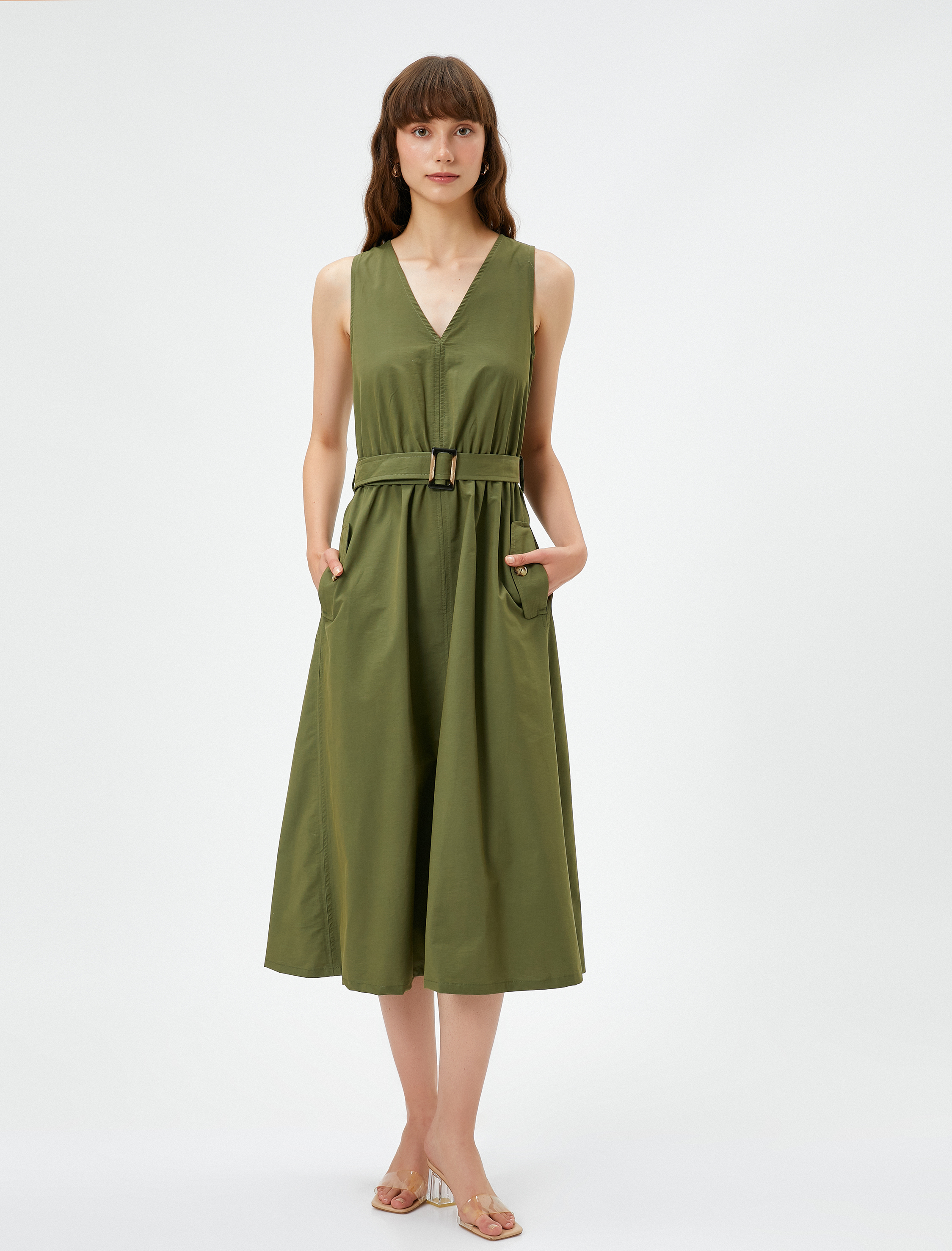   Midi Elbise V Yaka Kemerli Cepli Kalın Askılı