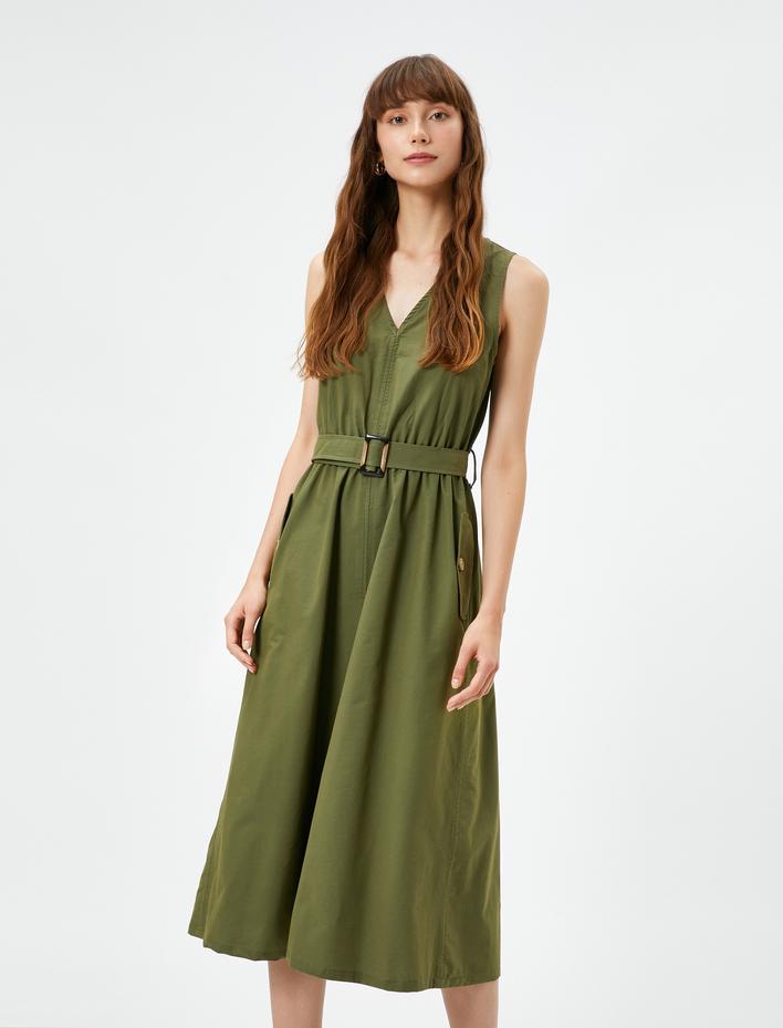  Midi Elbise V Yaka Kemerli Cepli Kalın Askılı