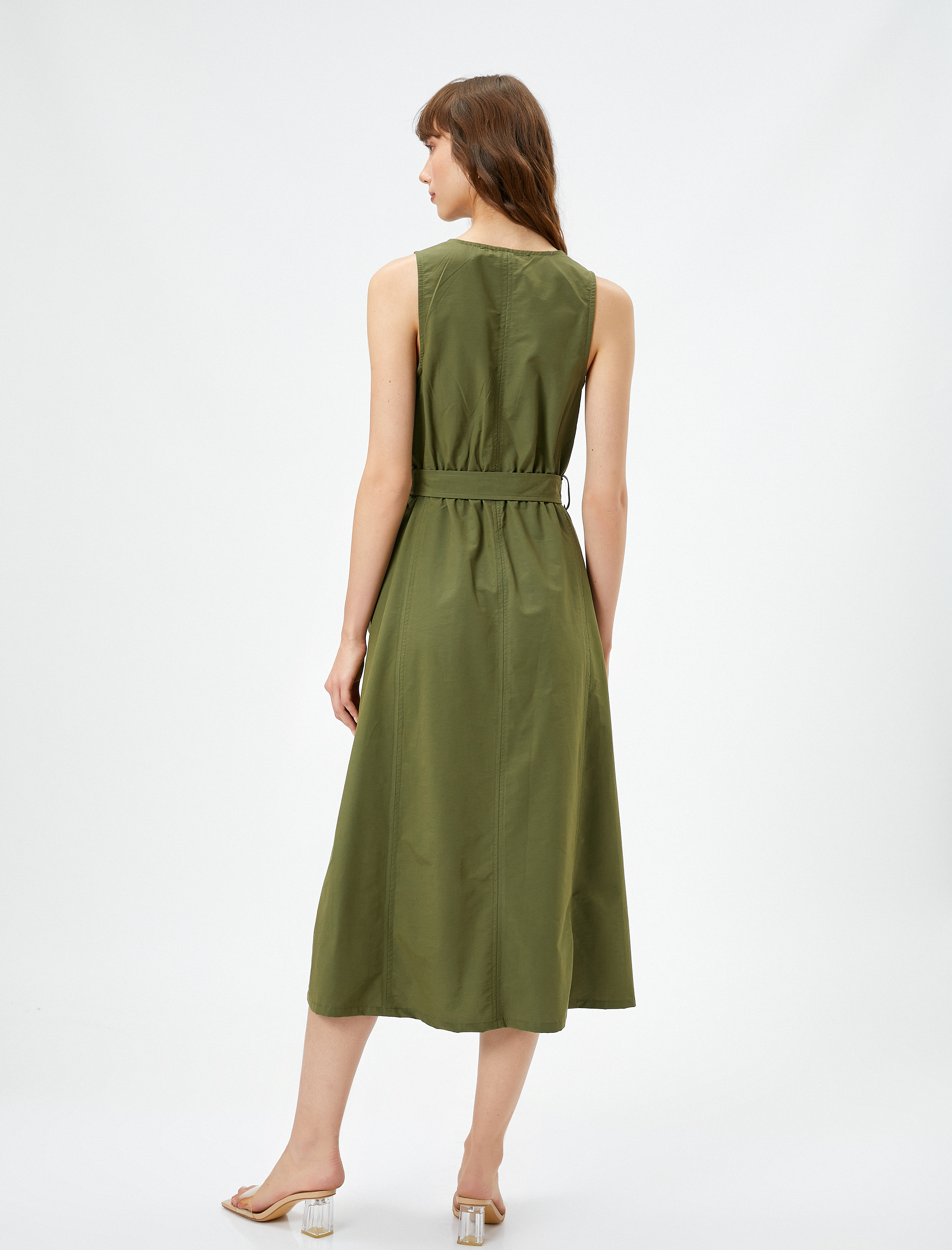   Midi Elbise V Yaka Kemerli Cepli Kalın Askılı