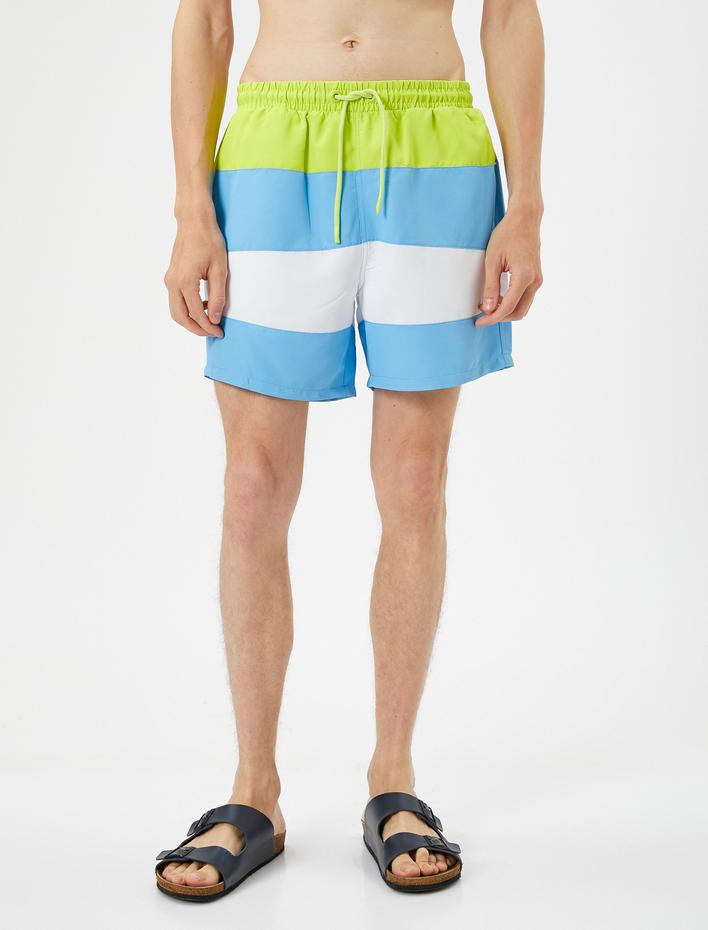  Deniz Şortu Renk Bloklu Beli Bağcıklı Cepli