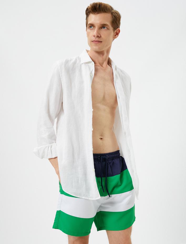  Deniz Şortu Renk Bloklu Beli Bağcıklı Cepli