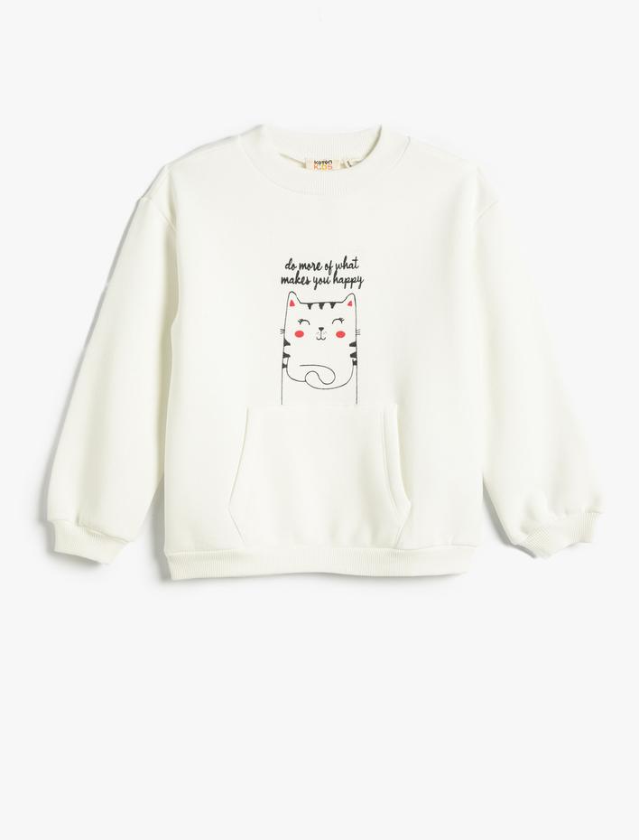 Kız Çocuk Sweatshirt Şardonlu Kedi Baskılı Yuvarlak Yaka Kanguru Cepli Pamuklu