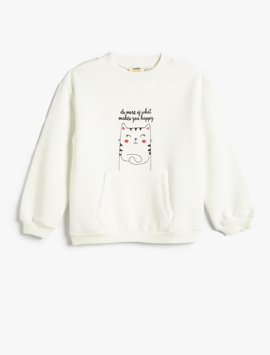  Kız Çocuk Sweatshirt Şardonlu Kedi Baskılı Yuvarlak Yaka Kanguru Cepli Pamuklu