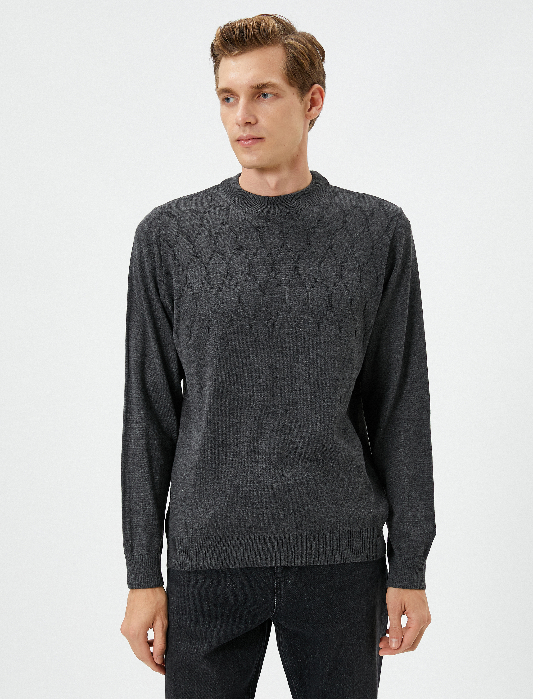   Bisiklet Yaka Kazak Slim Fit Dokulu Ribanalı Uzun Kollu