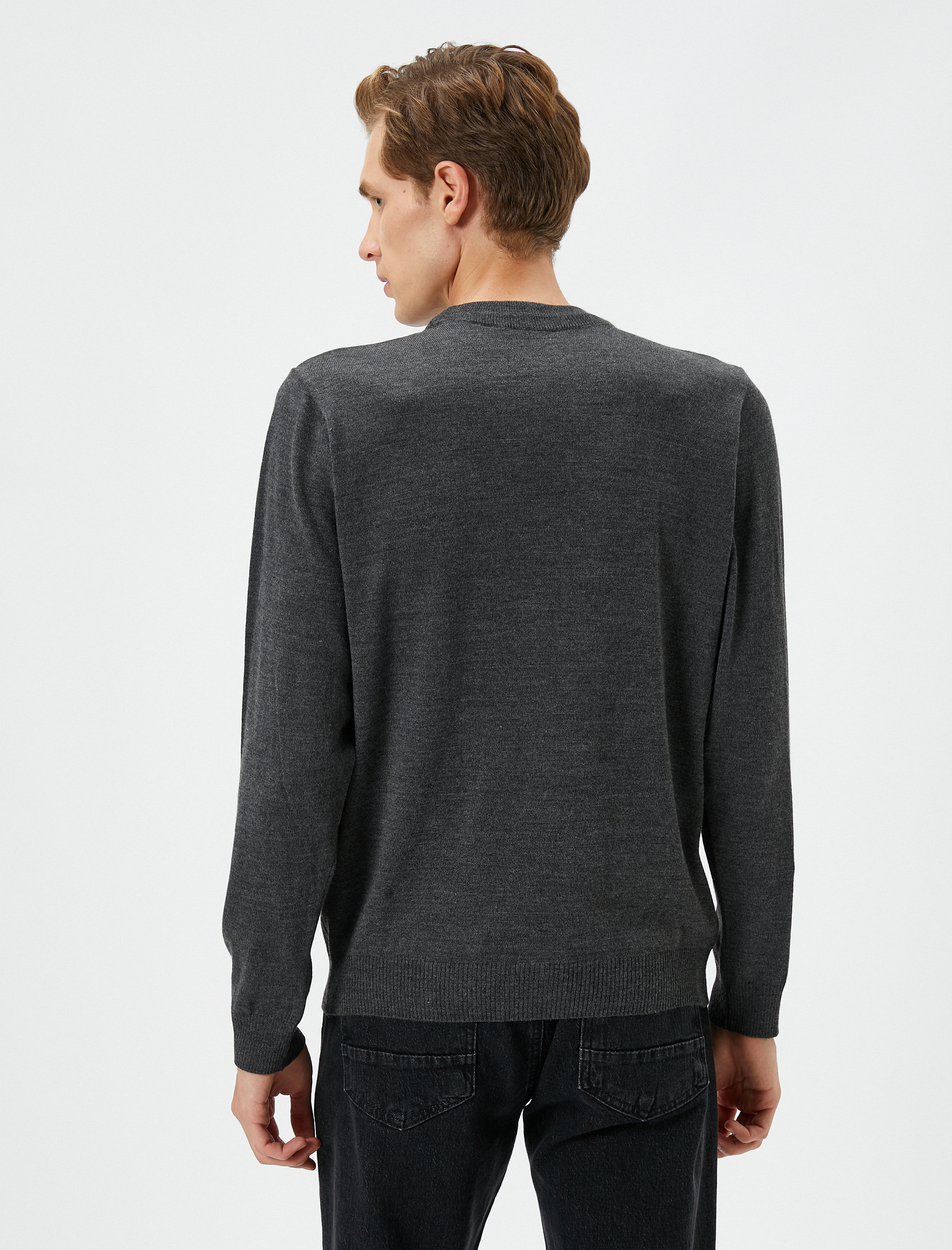   Bisiklet Yaka Kazak Slim Fit Dokulu Ribanalı Uzun Kollu