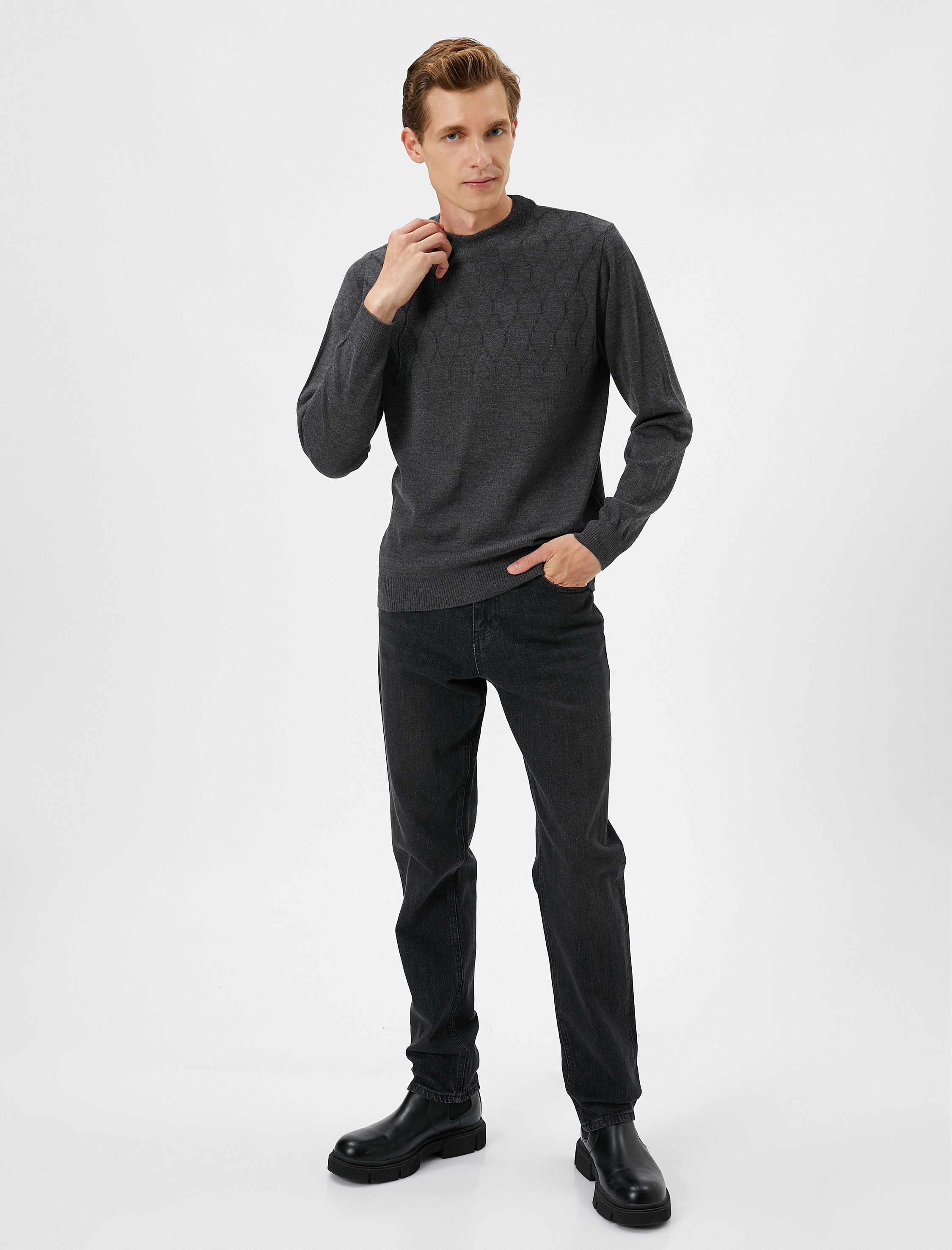   Bisiklet Yaka Kazak Slim Fit Dokulu Ribanalı Uzun Kollu