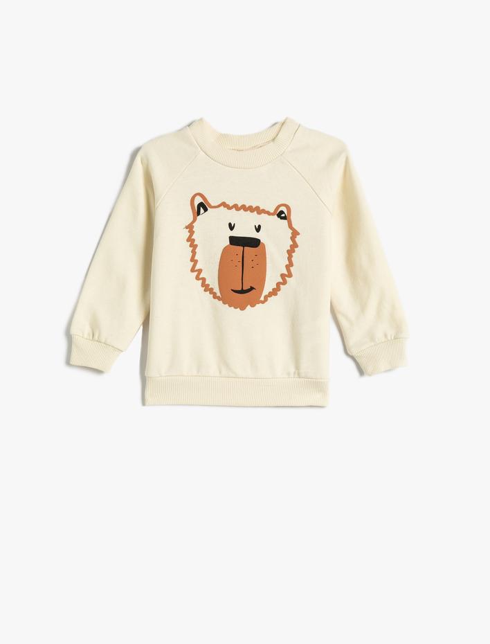 Erkek Bebek Ayıcık Baskılı Sweatshirt Şardonlu Uzun Kollu Bisiklet Yaka Pamuklu