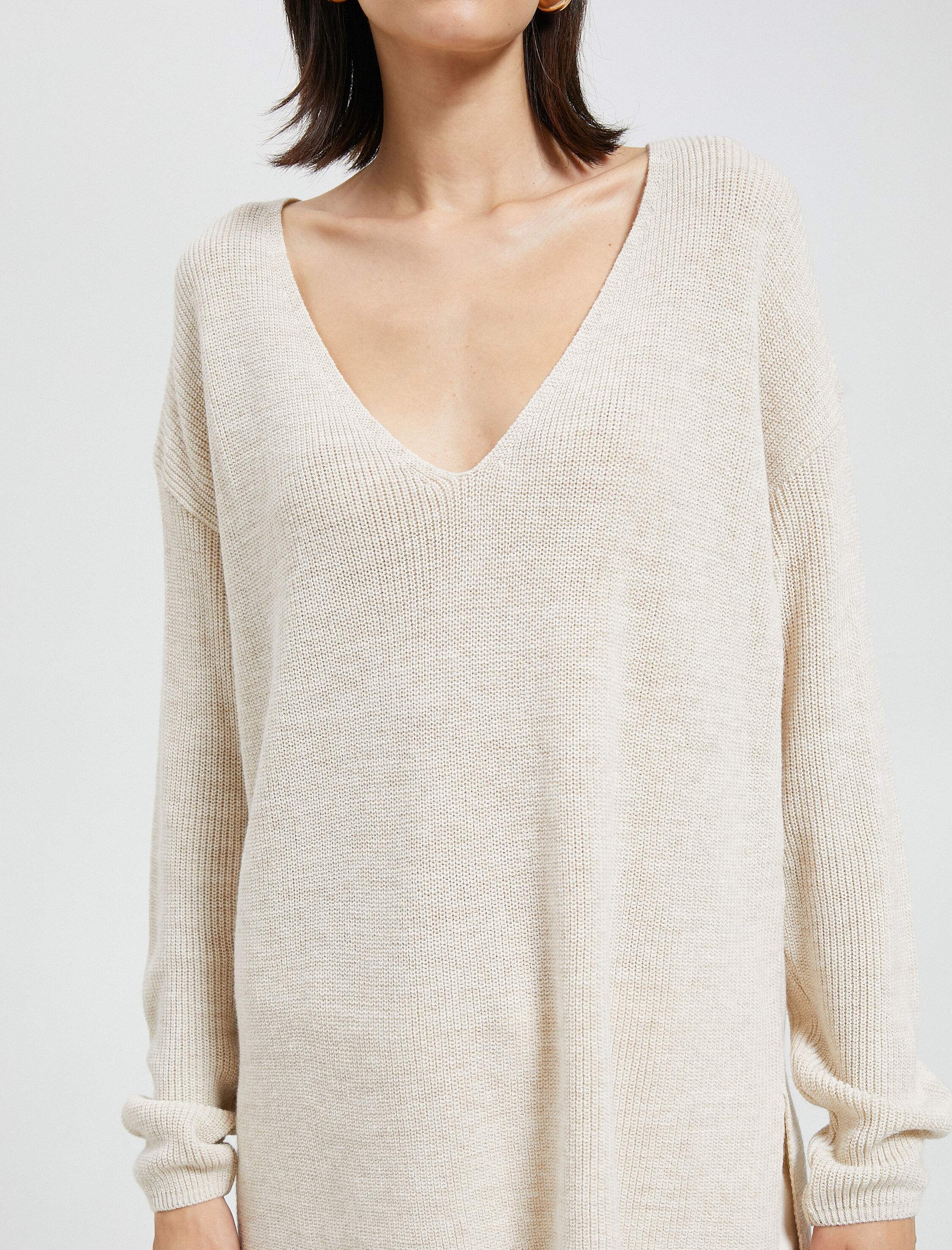   V Yaka Süveter Oversize Uzun Kollu Kaşmir Dokulu