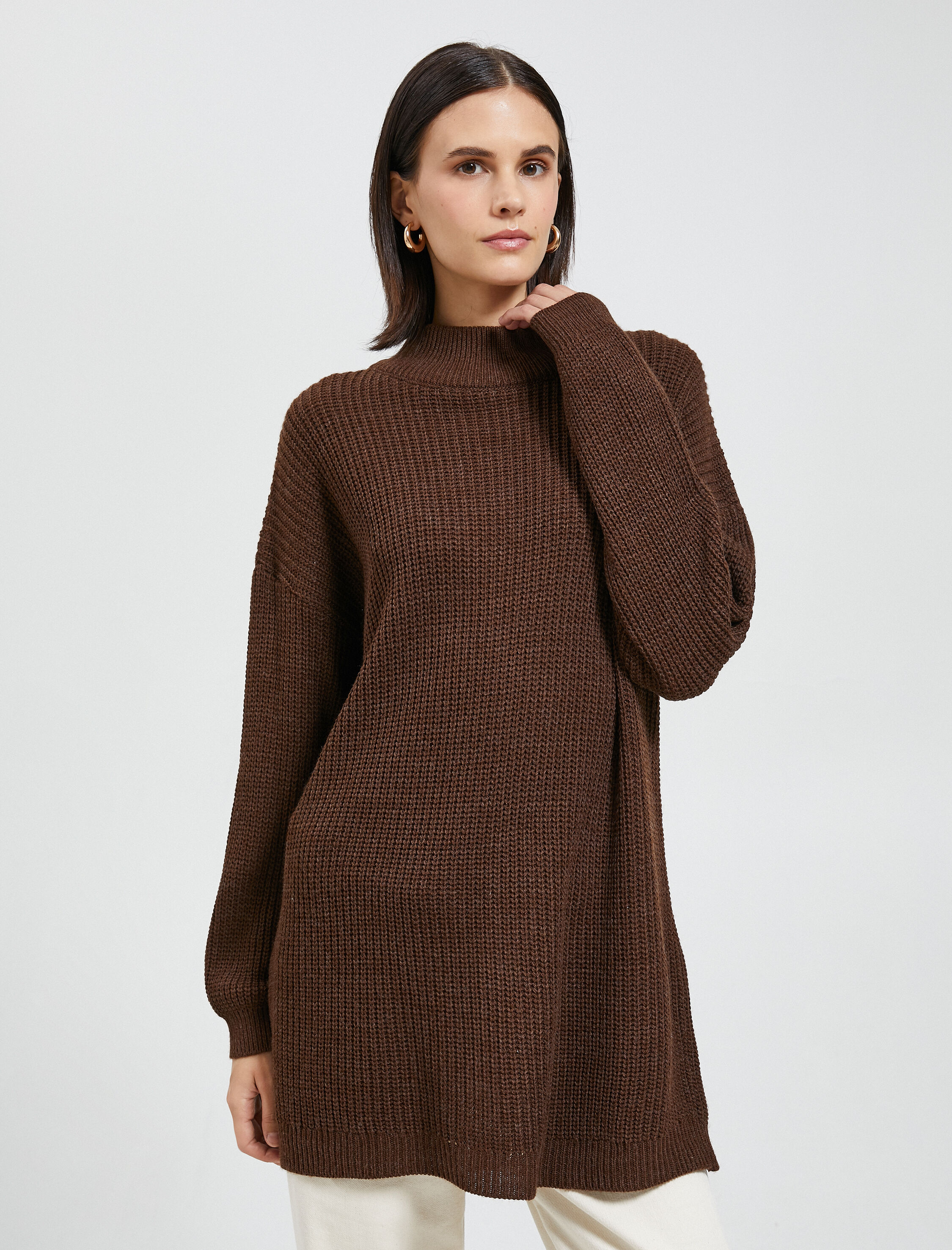   Oversize Yarım Balıkçı Yaka Kazak Akrilik Kaşmir Dokulu