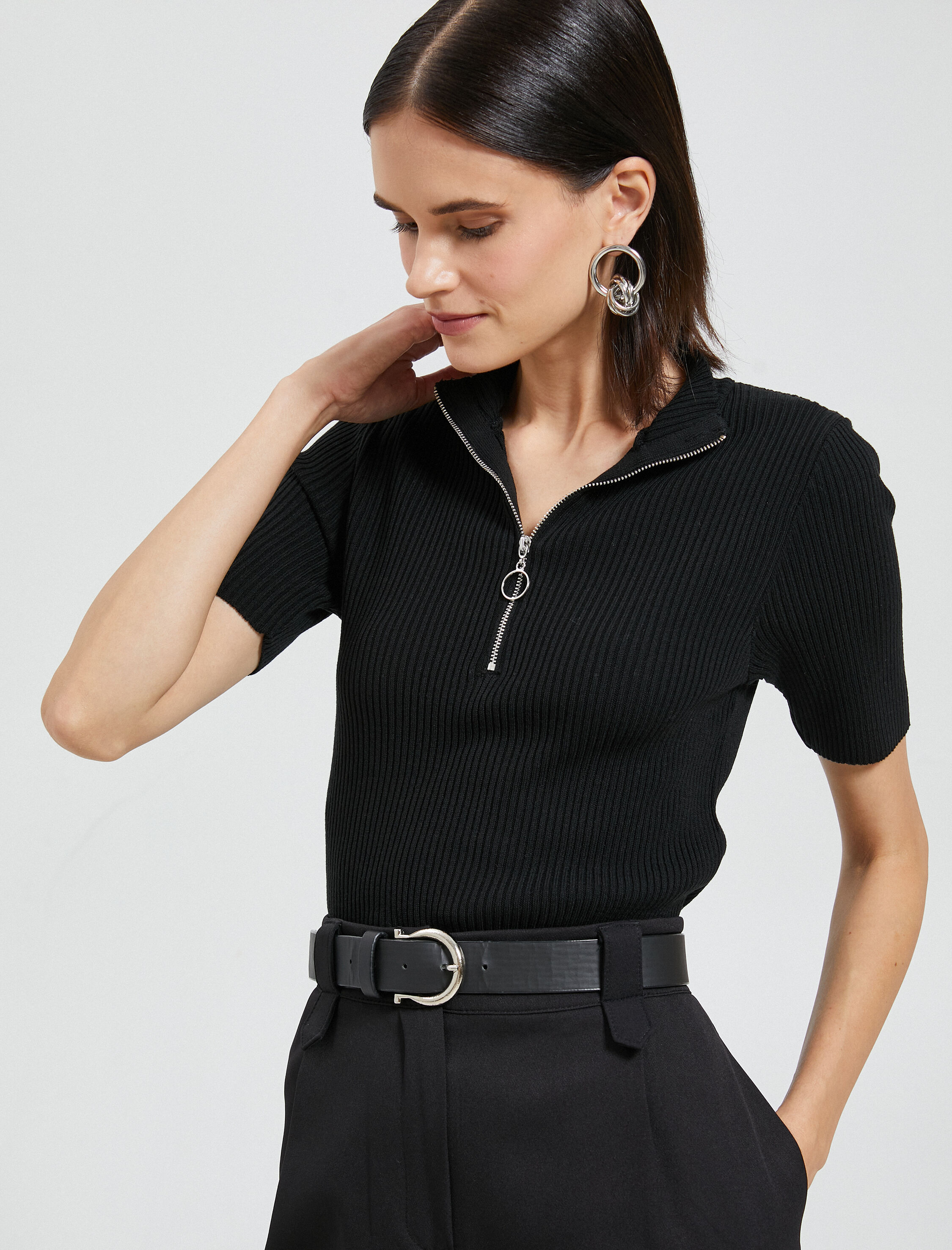   Yarım Fermuarlı Triko Kazak Dik Yaka