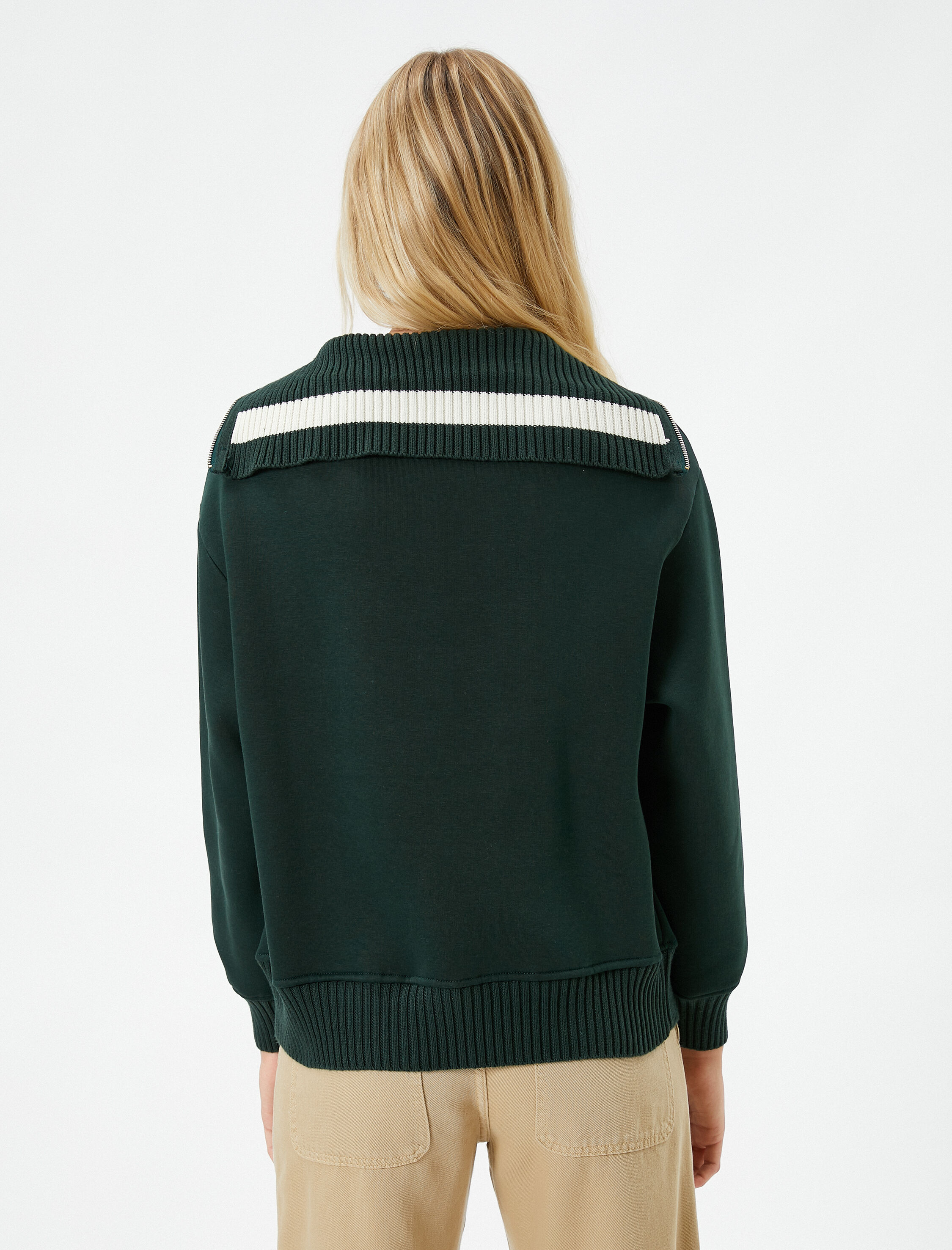   Şardonlu Oversize Kolej Sweatshirt Yarım Fermuarlı İşlemeli Ribanalı