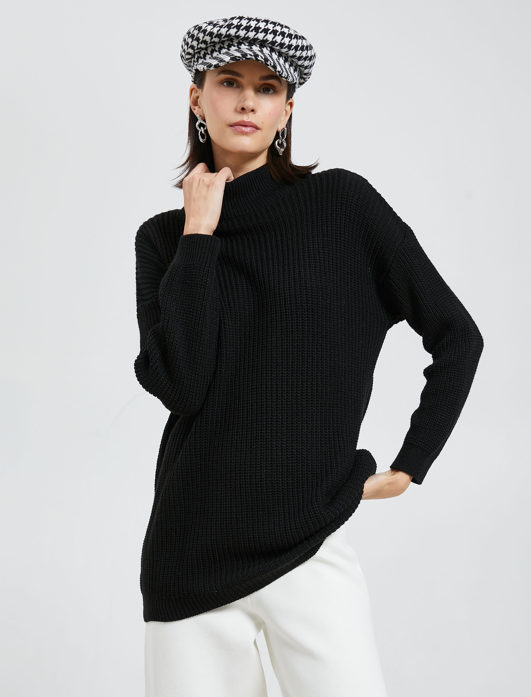   Oversize Yarım Balıkçı Yaka Kazak Akrilik Kaşmir Dokulu