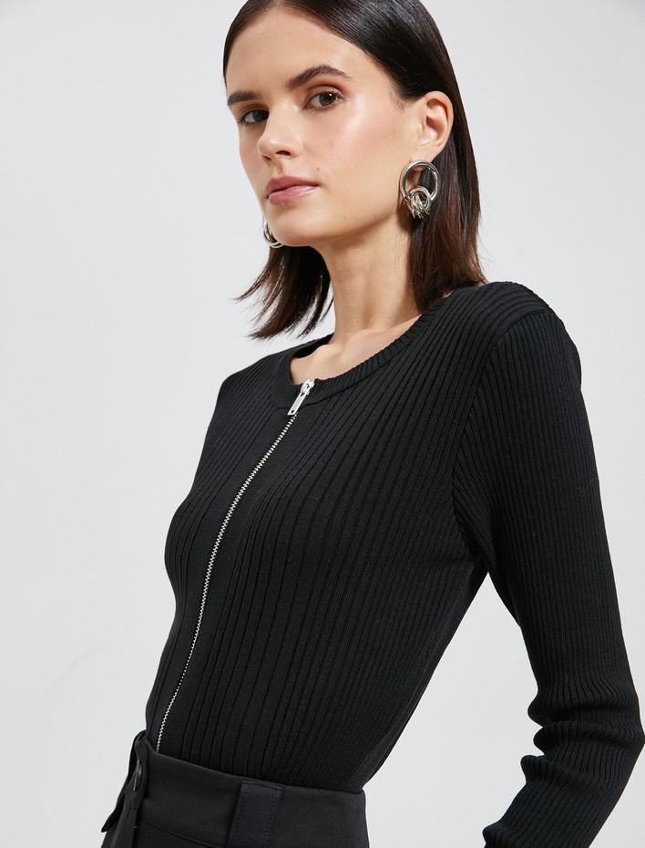  Fermuarlı Hırka Ribanalı Yuvarlak Yaka