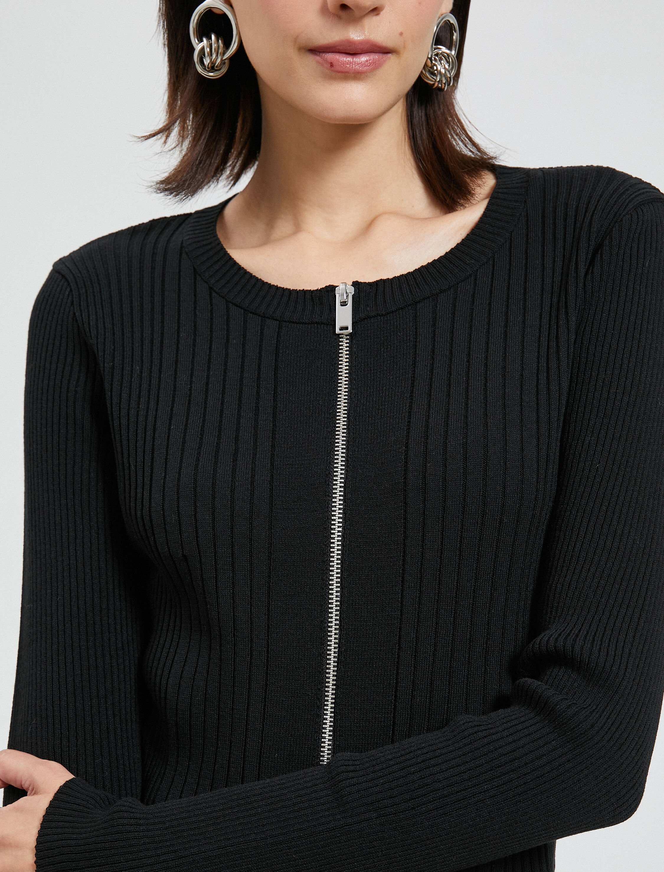   Fermuarlı Hırka Ribanalı Yuvarlak Yaka