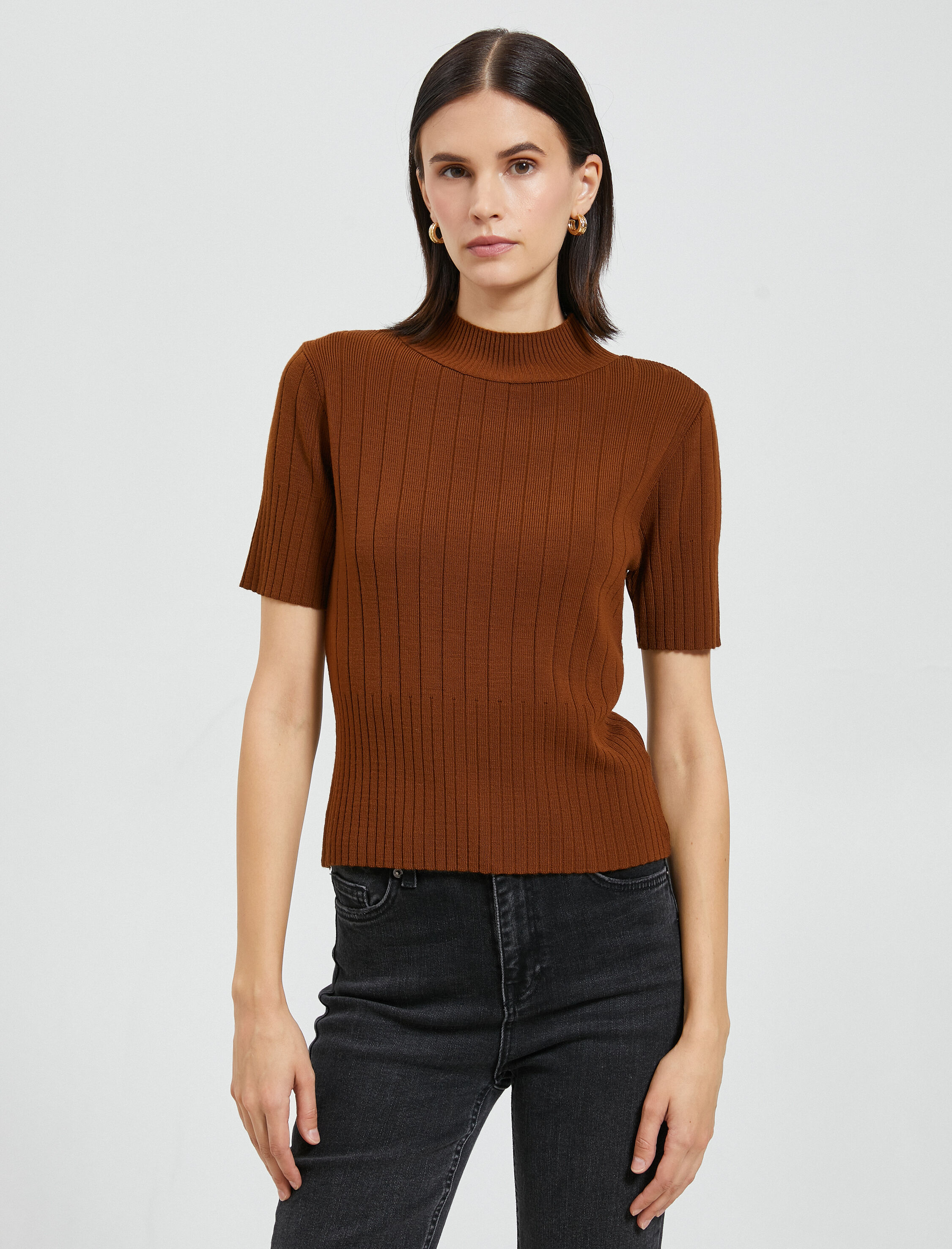   Yarım Balıkçı Yaka Kazak Triko Ribanalı Kısa Kollu