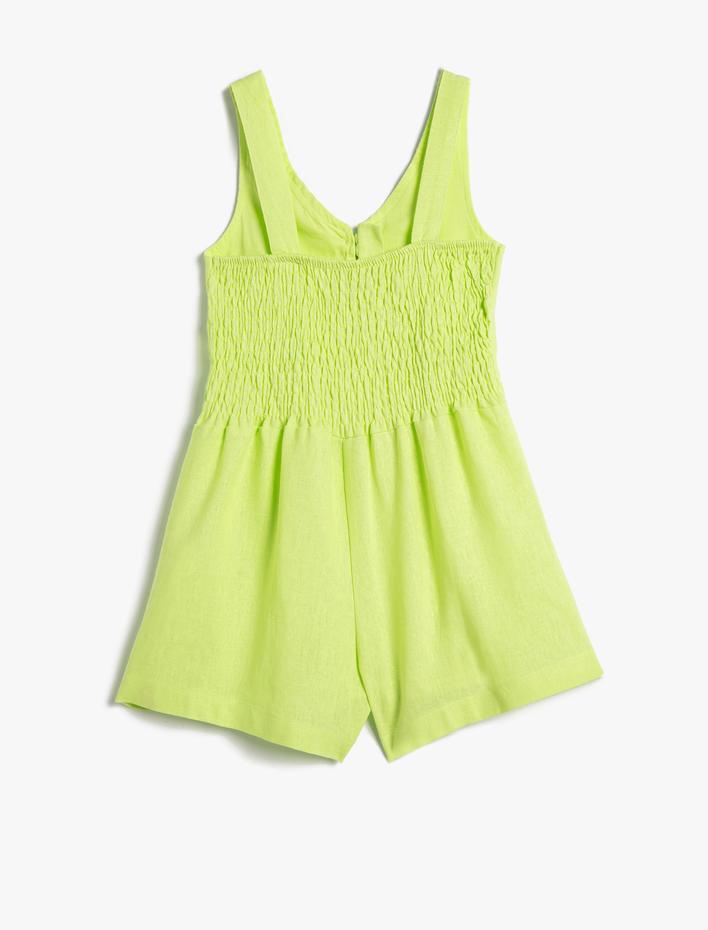 Kız Çocuk Keten Şort Tulum Pencere Detaylı Askılı Gipeli