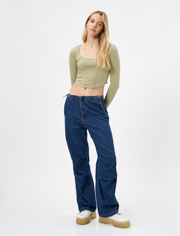  Uzun Kollu Tişört Slim Fit U Yaka Korse Görünümlü