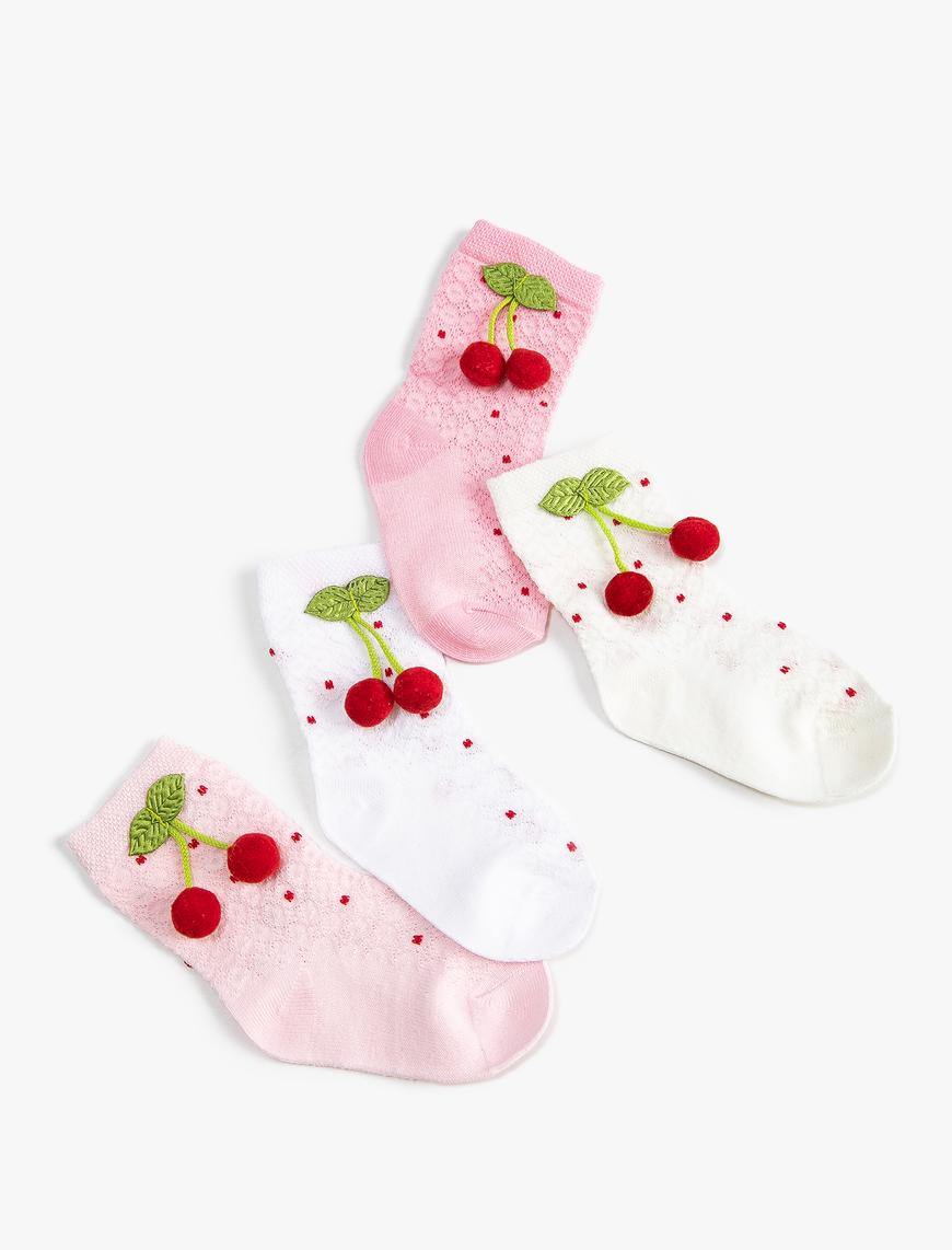  Kız Bebek Çorap Kiraz Aplike Detaylı Pamuk Karışımlı 3'lü