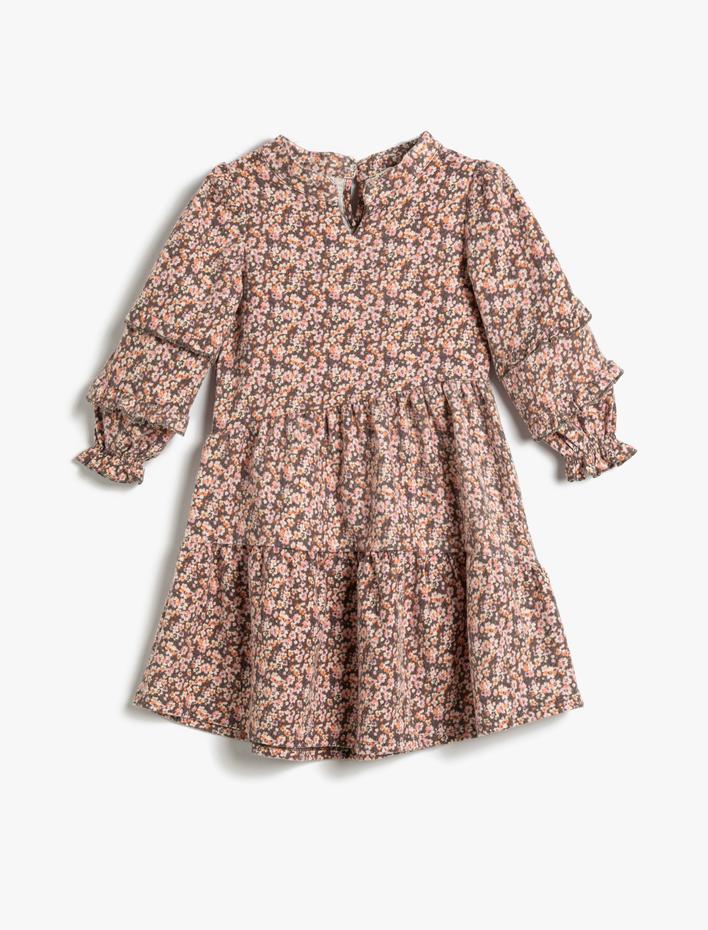 Kız Çocuk Çiçekli Elbise Uzun Kollu Dik Yaka Kat Detaylı Tuşe Yumuşak Kumaş