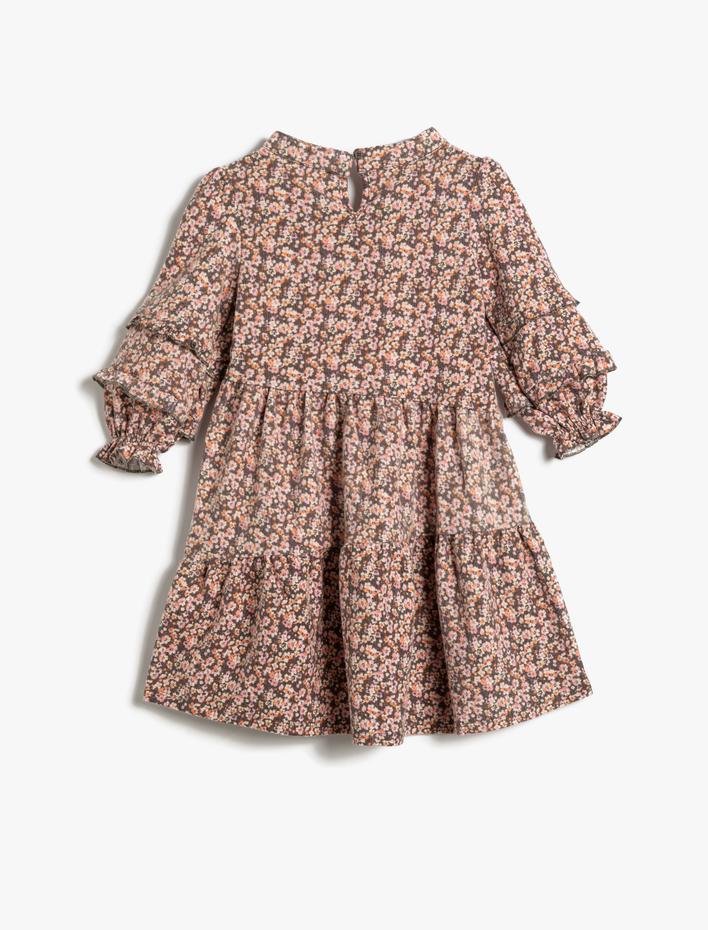 Kız Çocuk Çiçekli Elbise Uzun Kollu Dik Yaka Kat Detaylı Tuşe Yumuşak Kumaş Şardonlu