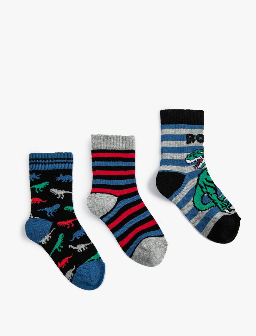  Erkek Çocuk Dinozorlu Çorap Seti Çok Renkli 3’lü
