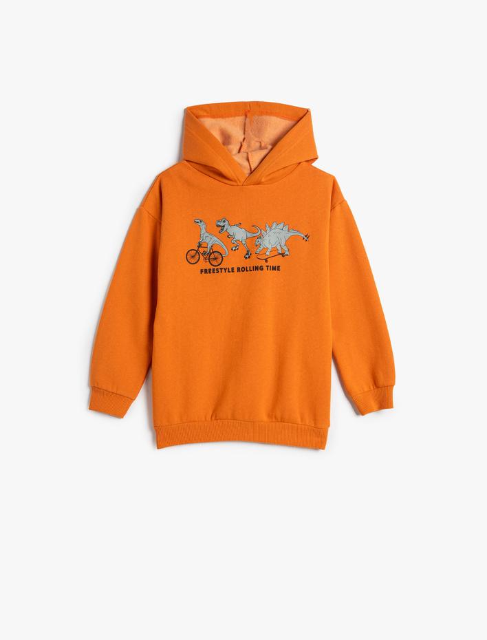 Erkek Çocuk Dinozor Baskılı Kapşonlu Sweatshirt Şardonlu Uzun Kollu Pamuklu