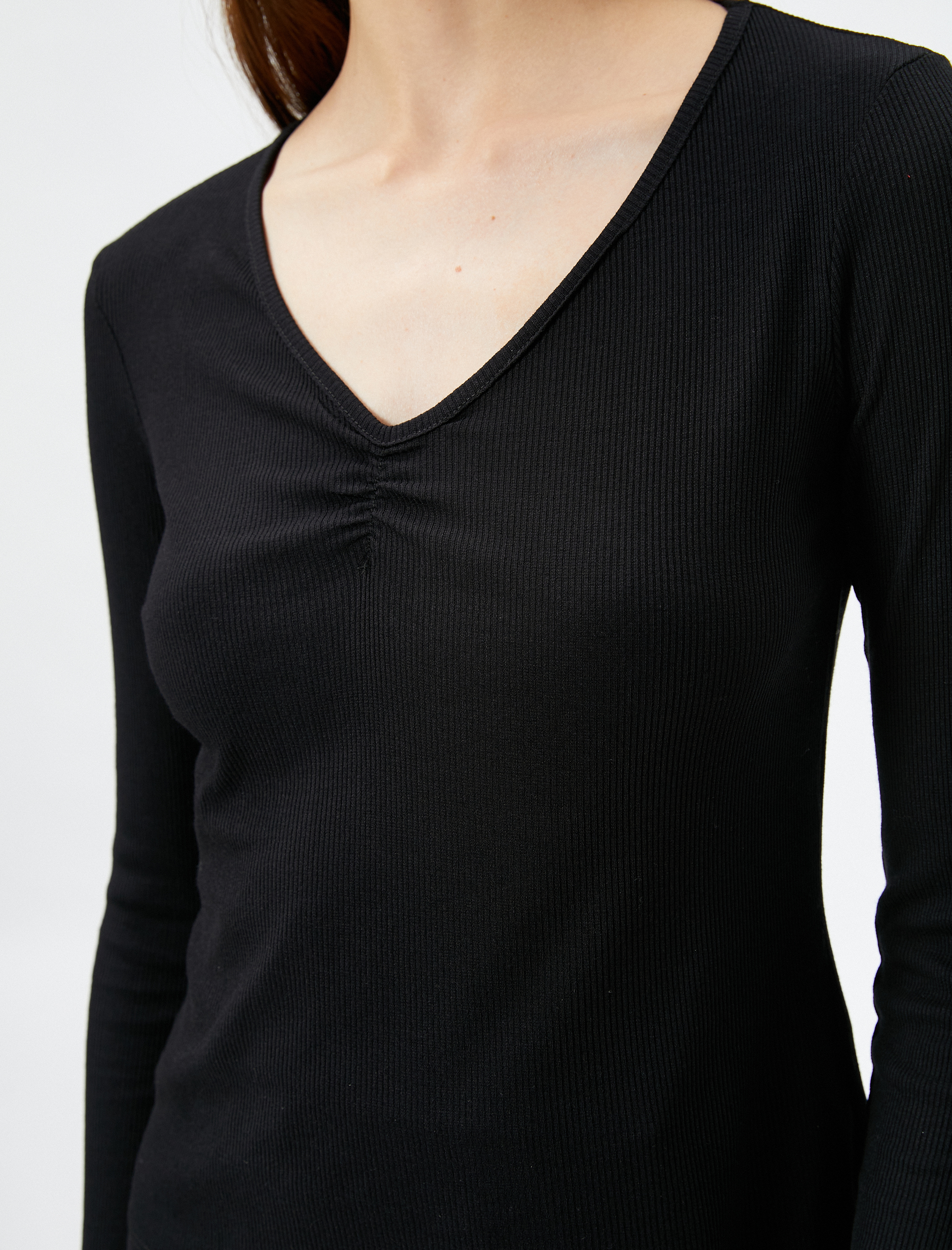   Uzun Kollu Tişört V Yaka Drapeli Fitilli Viskon