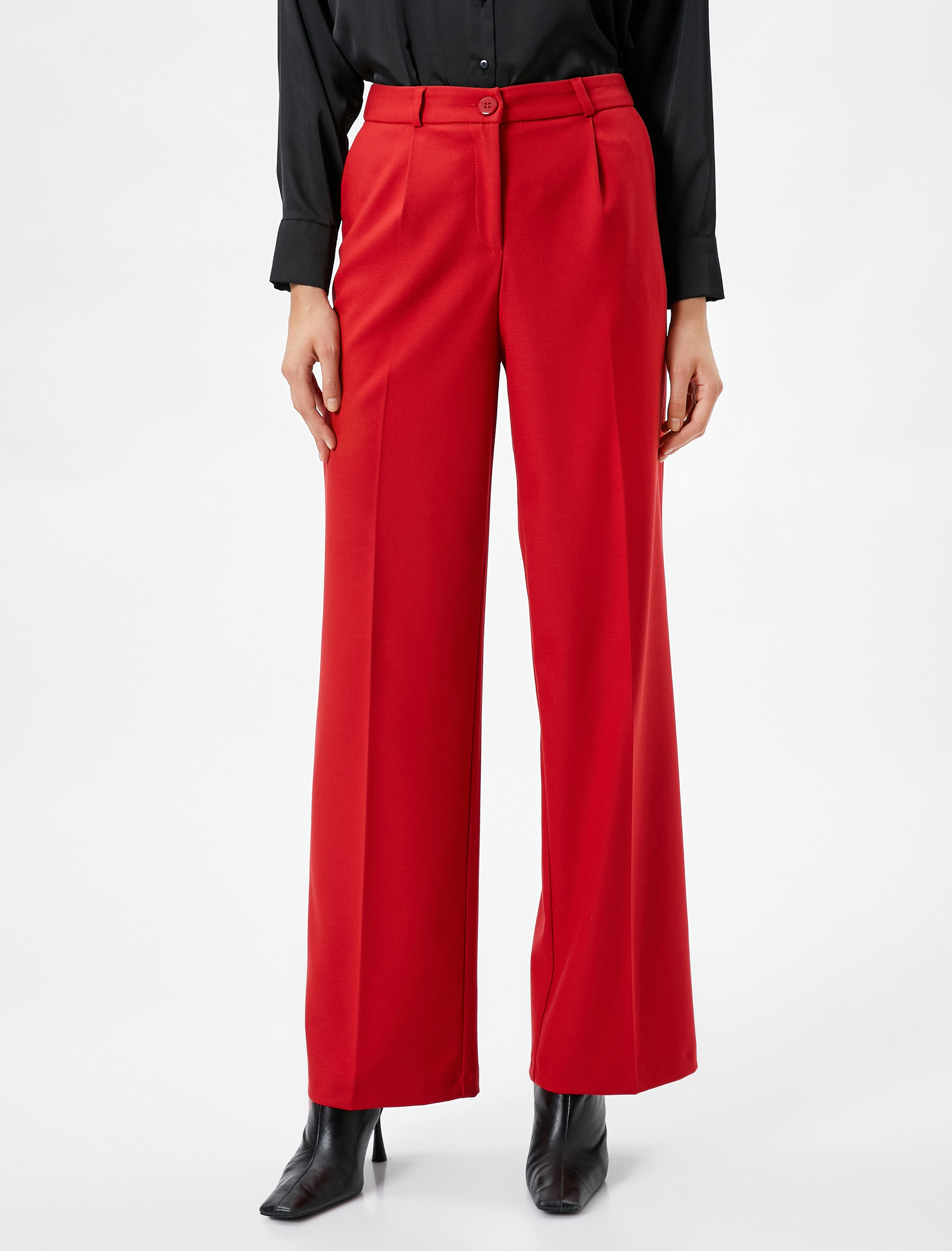   Bol Paça Pantolon Kumaş Düğmeli Normal Bel Cepli