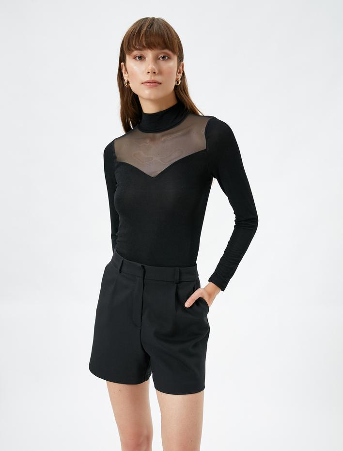  Uzun Kollu Tişört Tül Detaylı Dik Yaka Fitilli