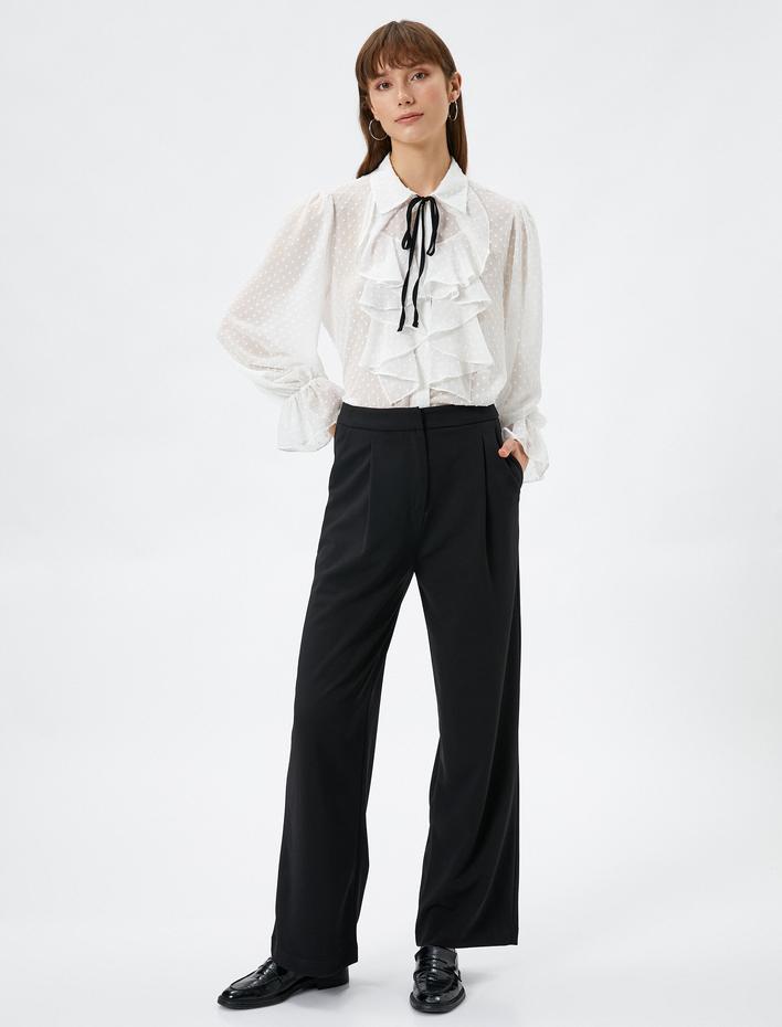  Şifon Gömlek Fular Yaka Fırfırlı Balon Kollu