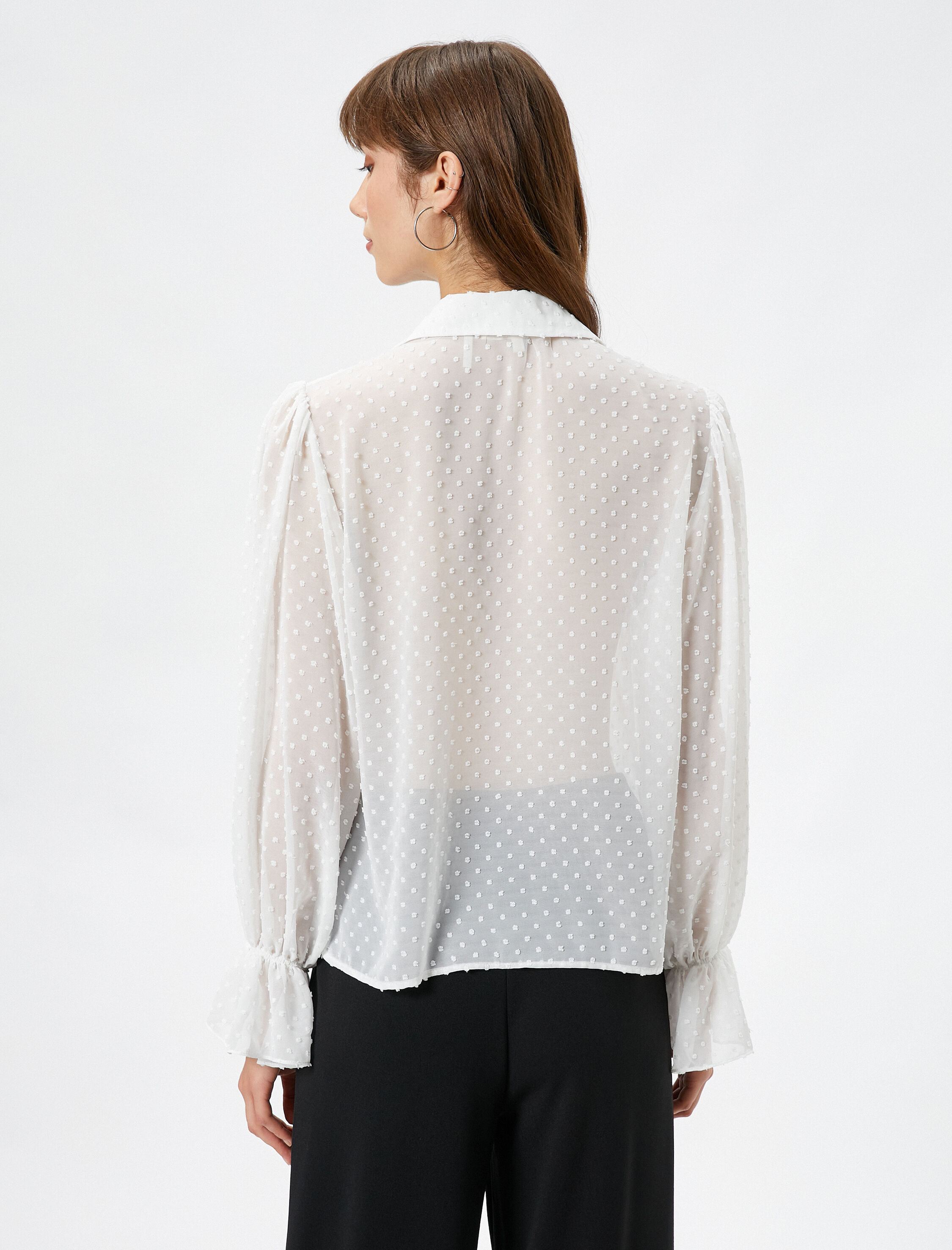   Şifon Gömlek Fular Yaka Fırfırlı Balon Kollu