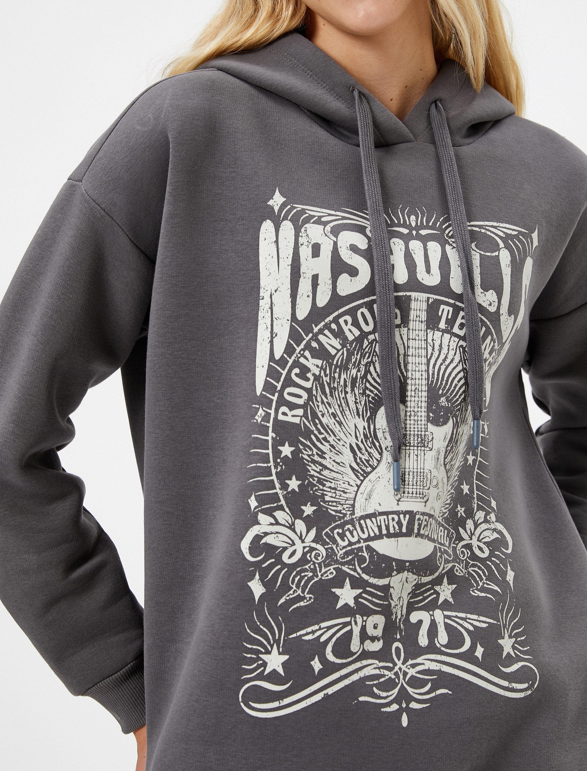   Şardonlu Kapüşonlu Sweatshirt Baskılı Rahat Kesim Ribanalı Uzun Kollu