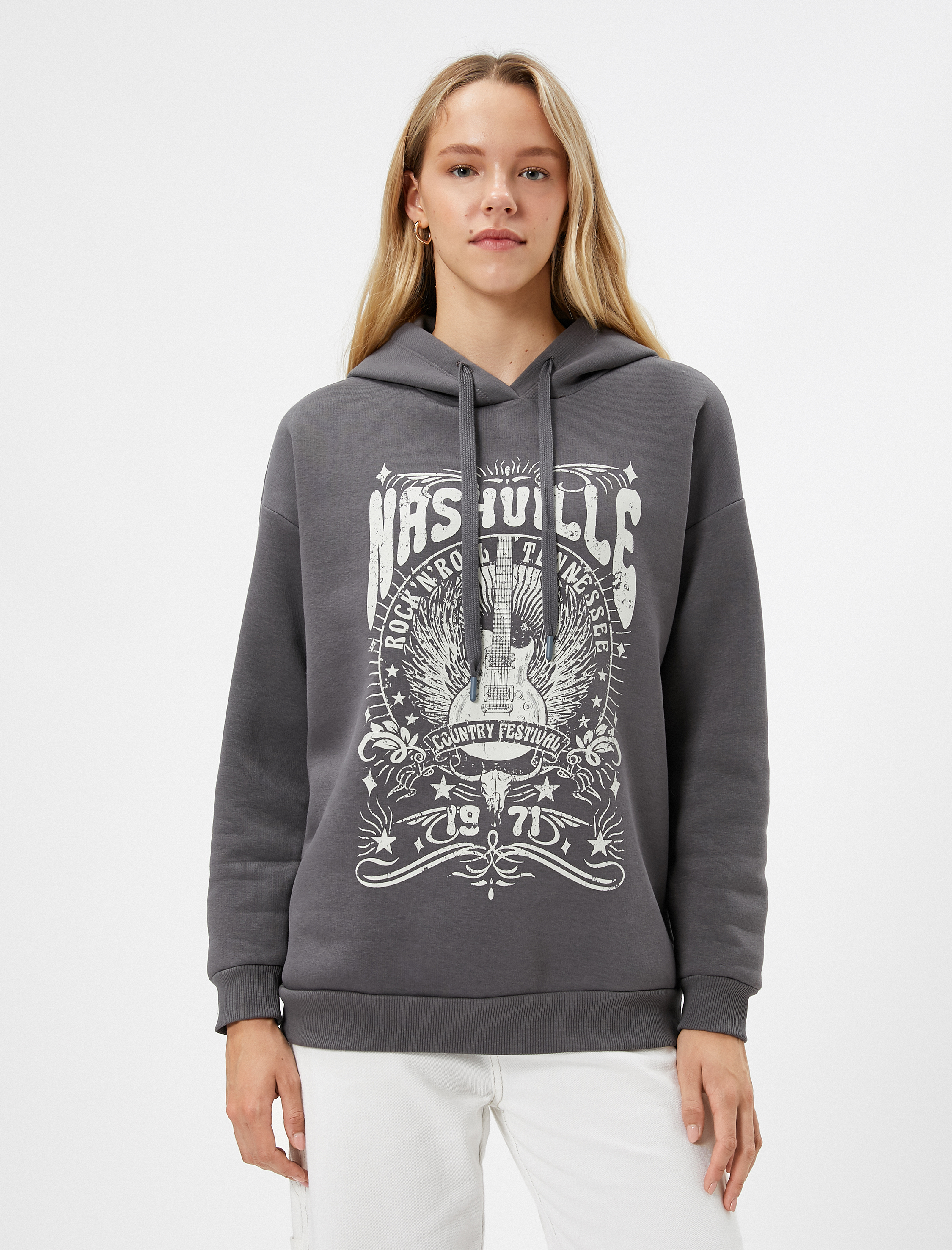   Şardonlu Kapüşonlu Sweatshirt Baskılı Rahat Kesim Ribanalı Uzun Kollu